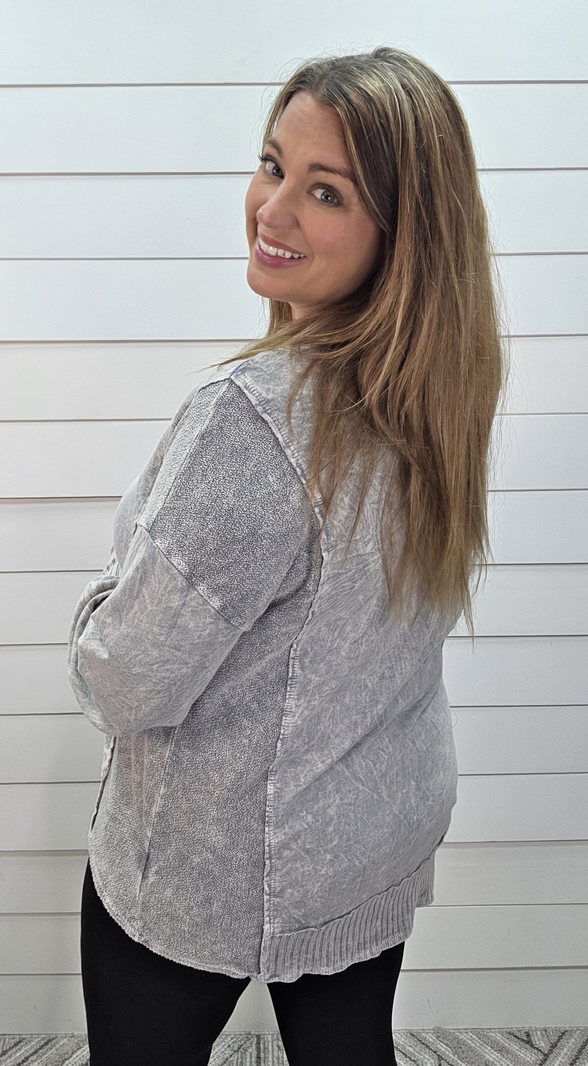 SILVER GREY Mineral wash Henley Kangaroo Pocket Terry Sweatshirt