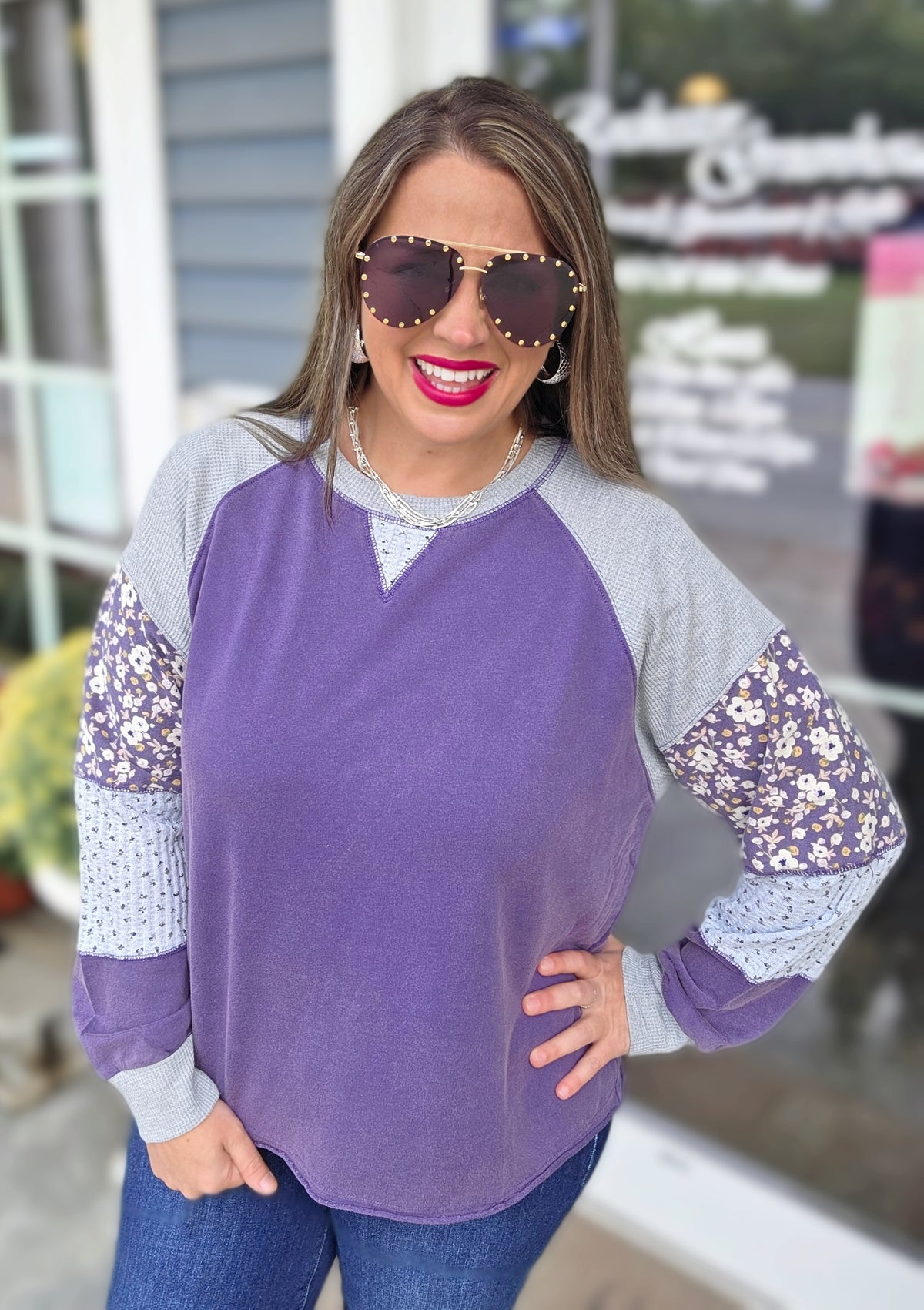 PURPLE PATCHWORK SLEEVE OVERSIZED TOP
