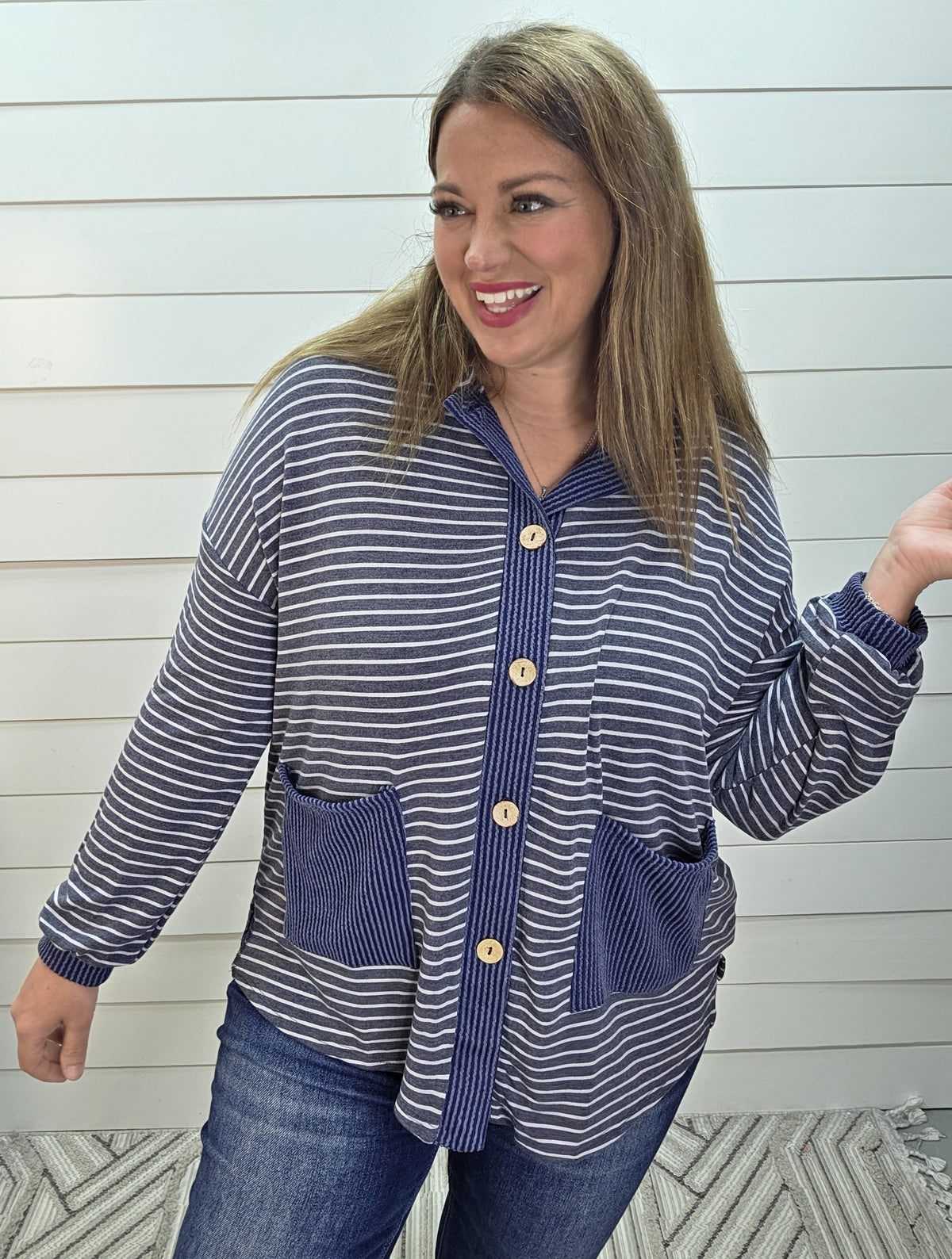 NAVY STRIPED LOOSE FIT BUTTON UP HOODED KNIT TOP