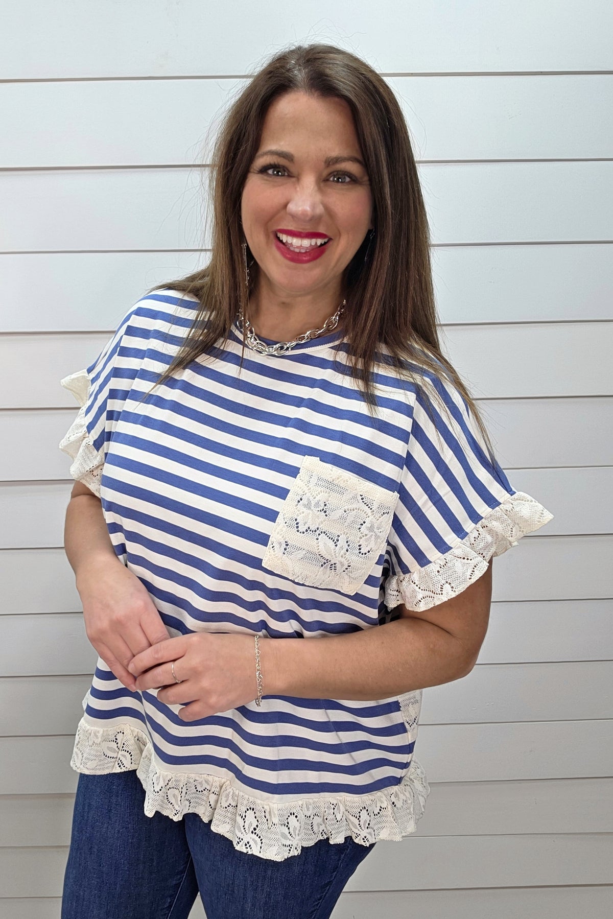 BLUE STRIPED KNIT TOP W/ LACE ACCENTS