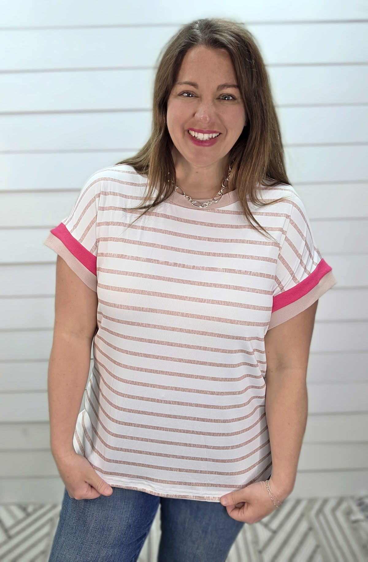 KHAKI STRIPED KNIT TOP W/ COLOR BLOCK PINK SLEEVE
