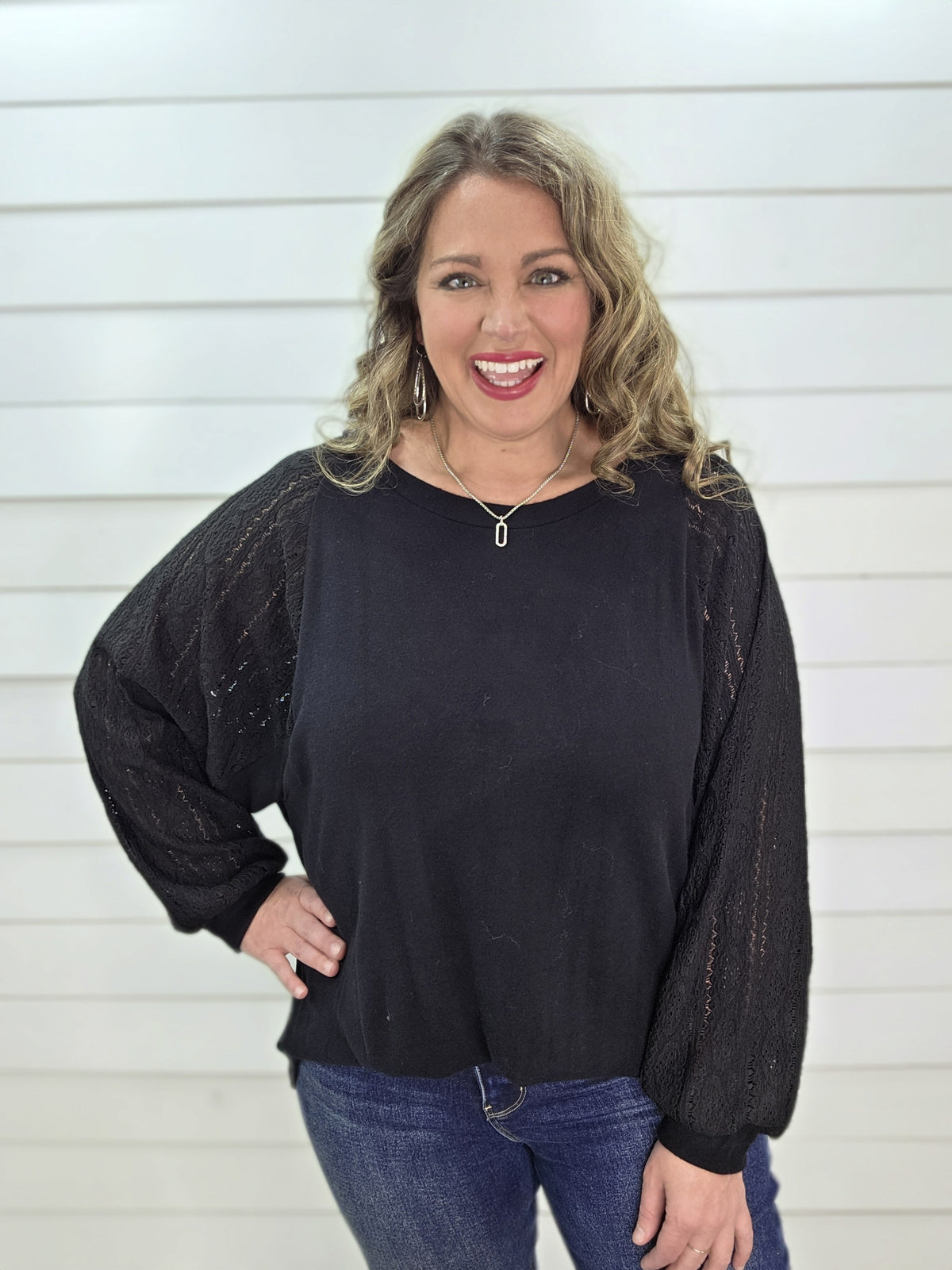 BLACK BRUSHED KNIT LOOSE FIT DOLMAN TOP W/ LACE SLEEVES