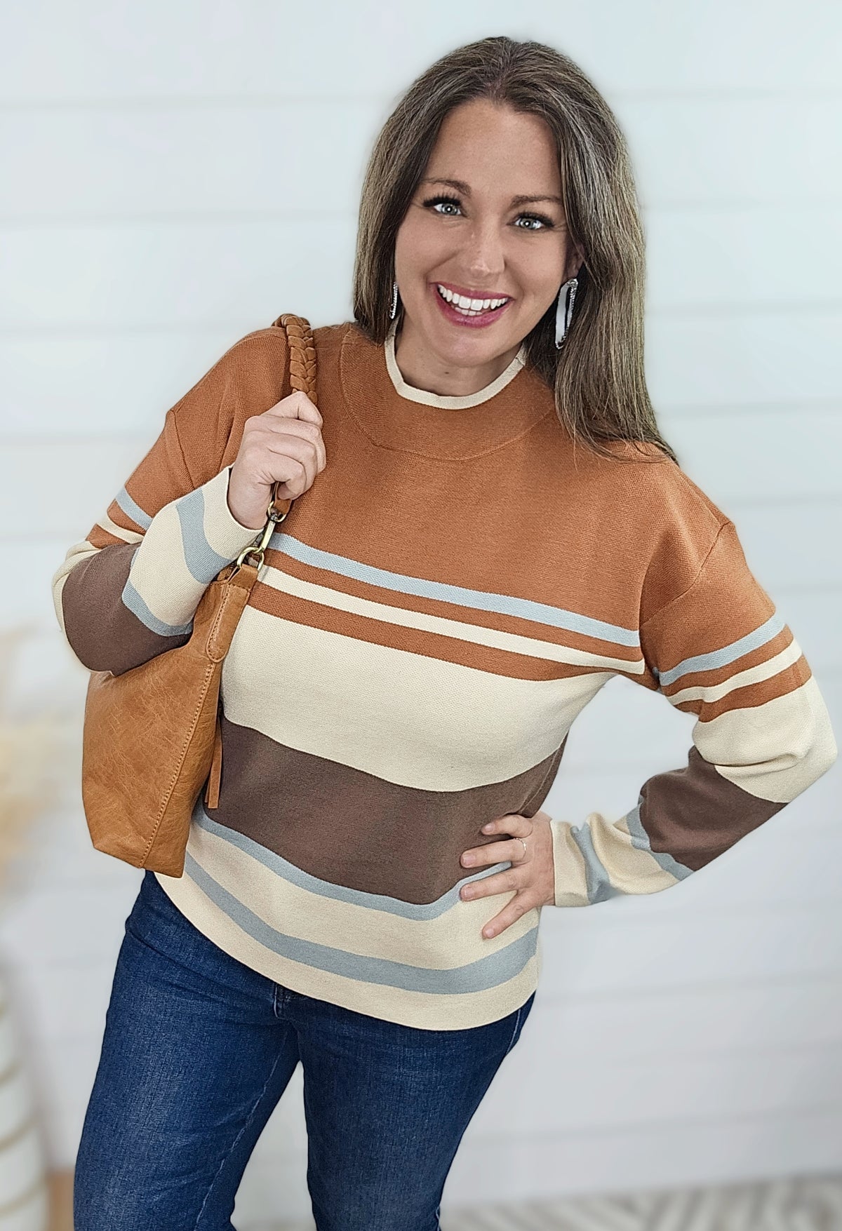 COPPER MULTI STRIPE CREW NECK PULLOVER SWEATER