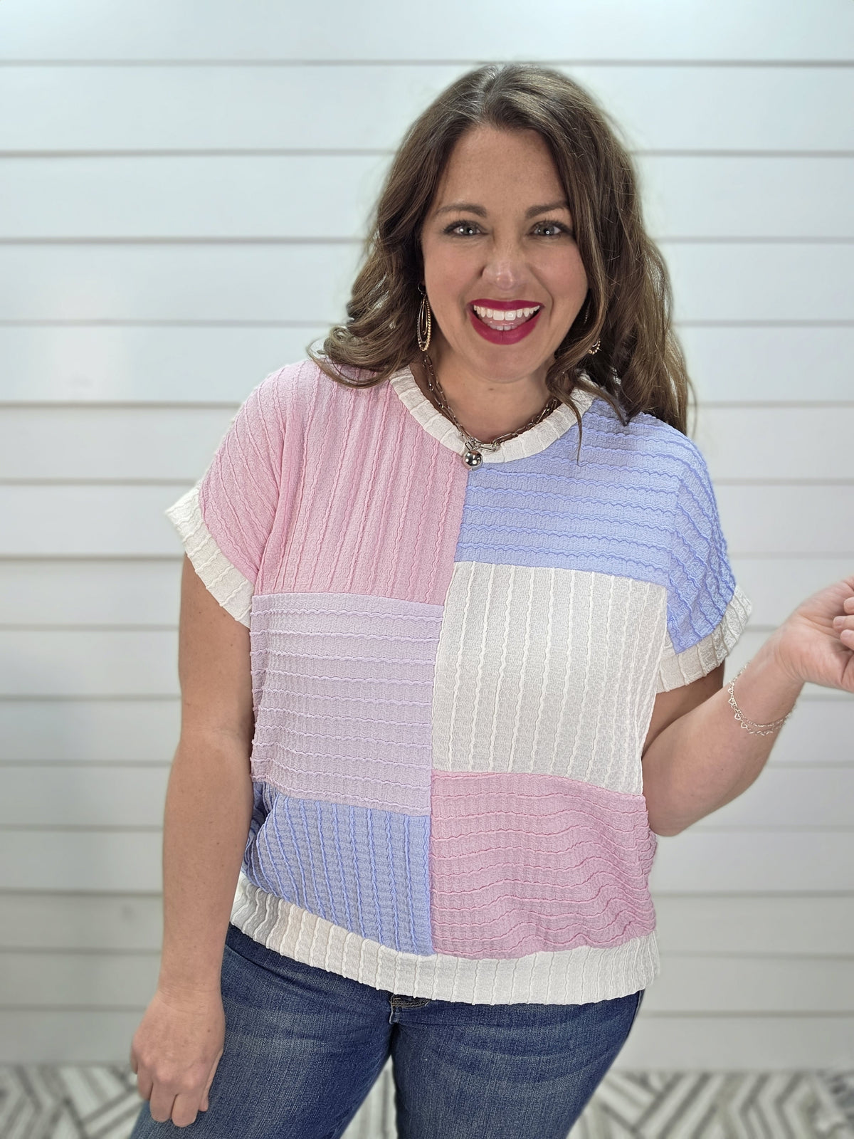 PINK/BLUE/LAVENDER/WHITE TEXTURED BLOCK KNIT TOP