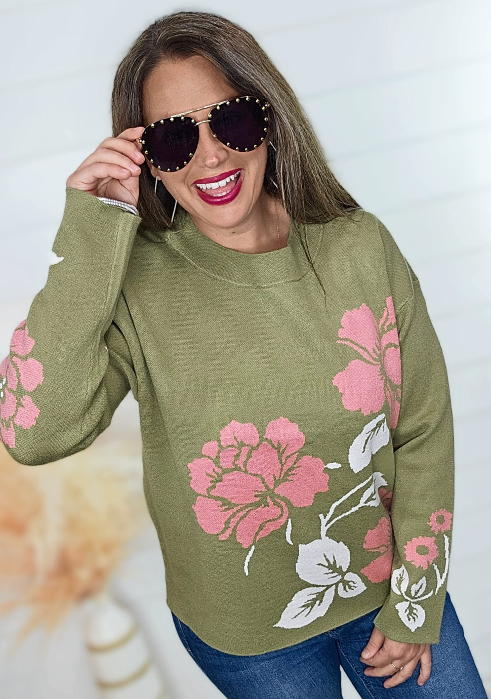 OLIVE/PINK LARGE FLORAL PULLOVER CREW NECK SWEATER