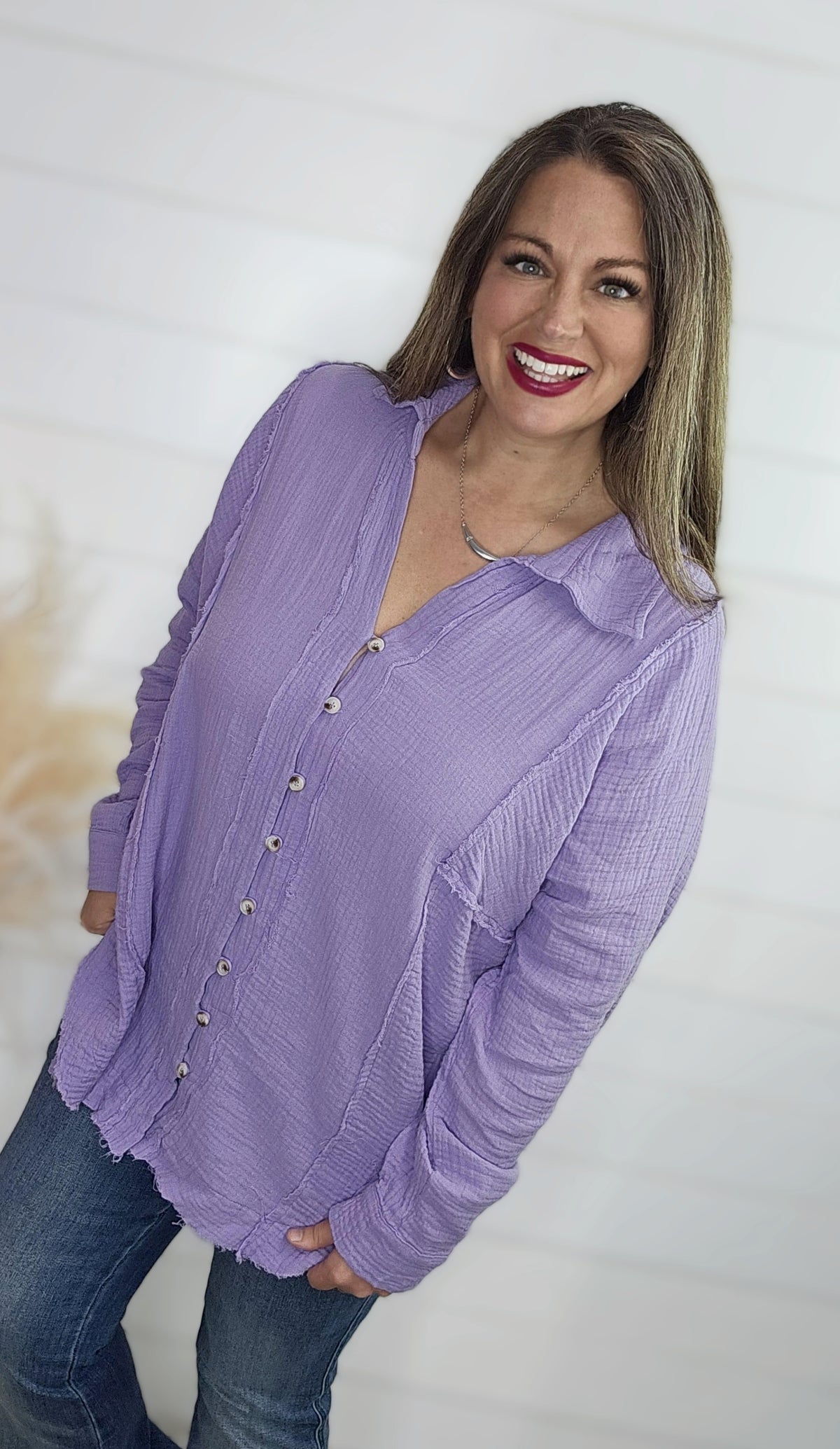 LAVENDER OVERSIZED COTTON GAUZED LONG SLEEVE BUTTON DOWN TOP