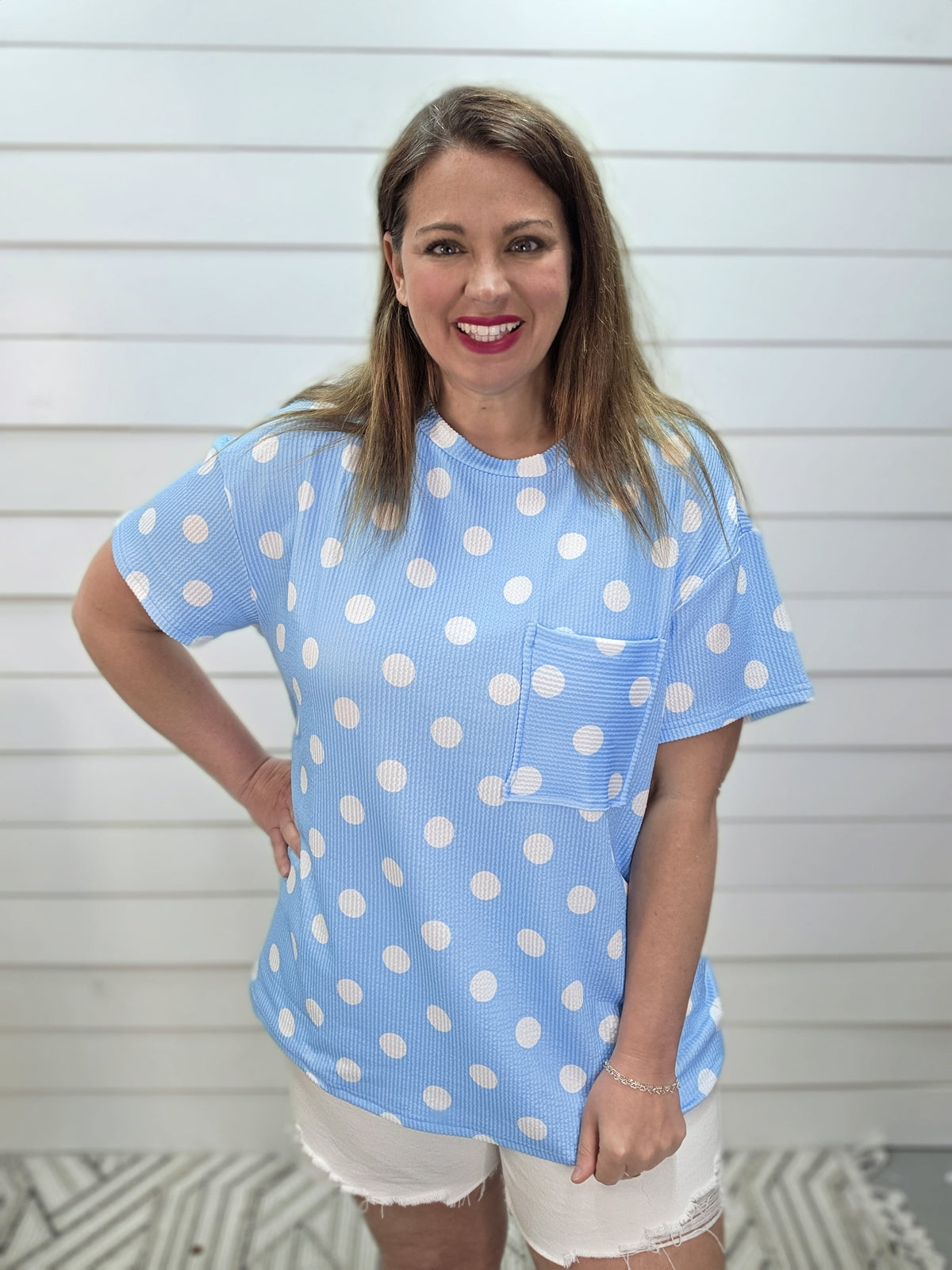 BLUE/WHITE POLKADOT RAISED RIBBED POCKET TOP