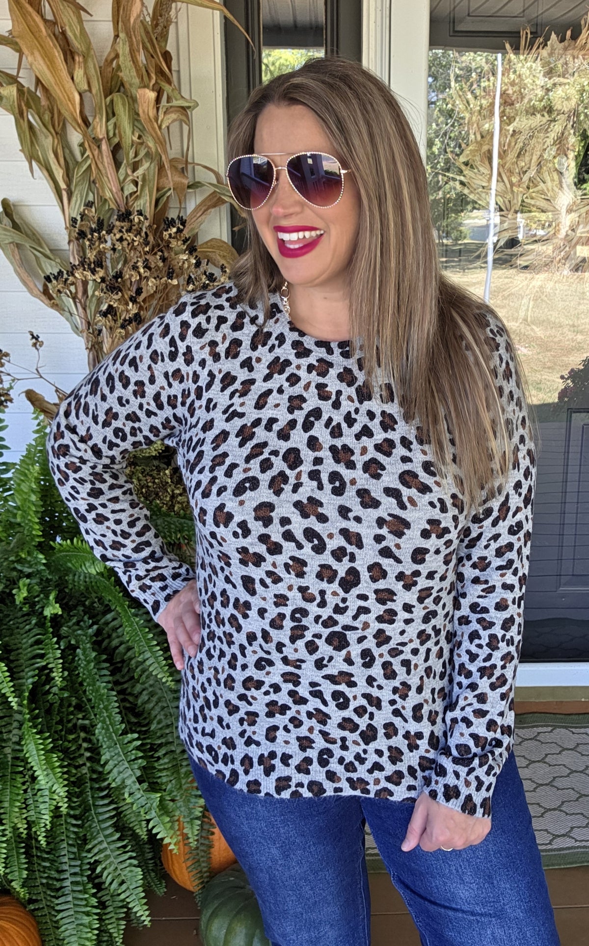 GREY LEOPARD PULLOVER LIGHT WEIGHT SWEATER