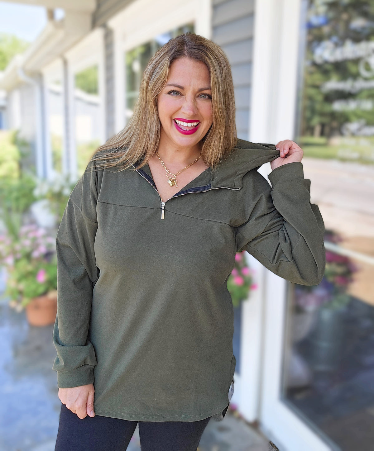 OLIVE MICROFIBER SOFT QUARTER ZIP PULLOVER