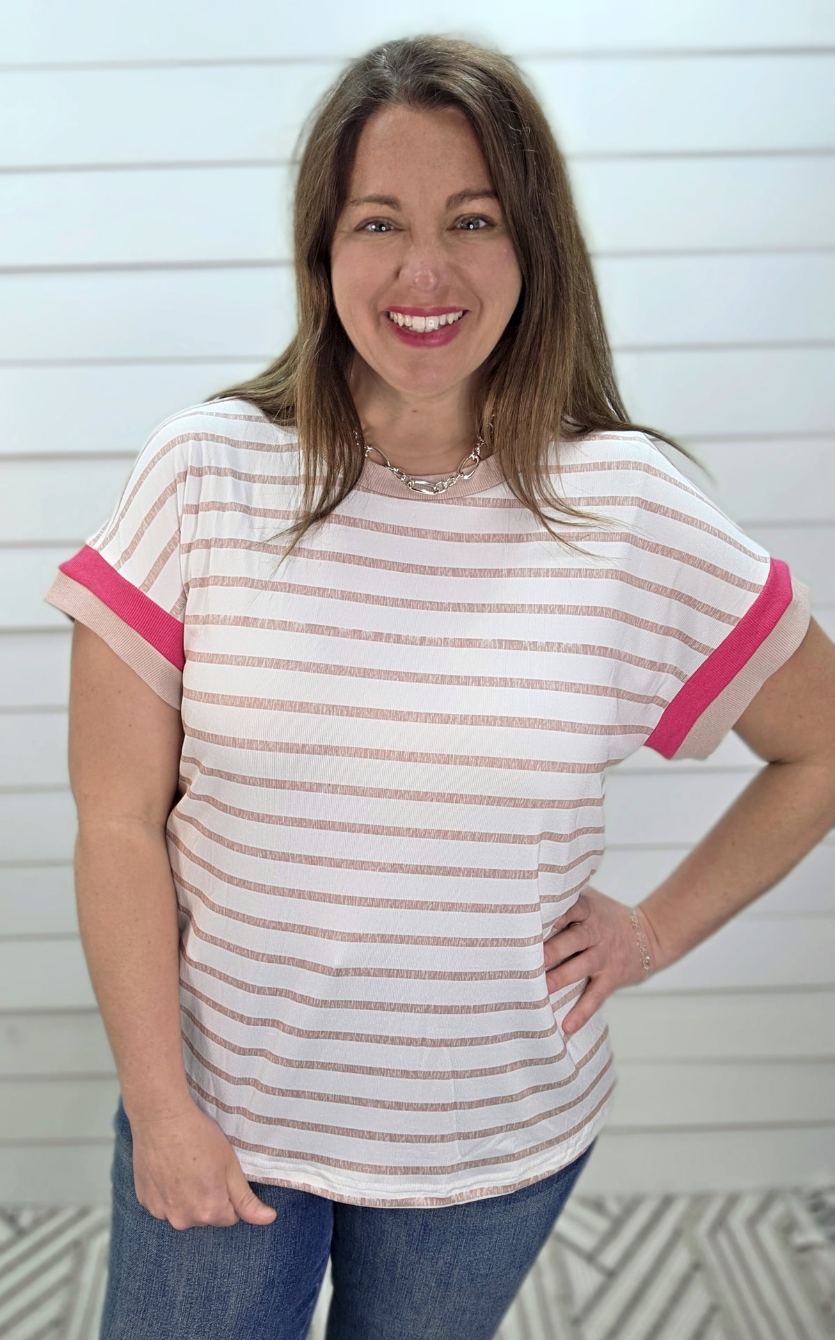 KHAKI STRIPED KNIT TOP W/ COLOR BLOCK PINK SLEEVE