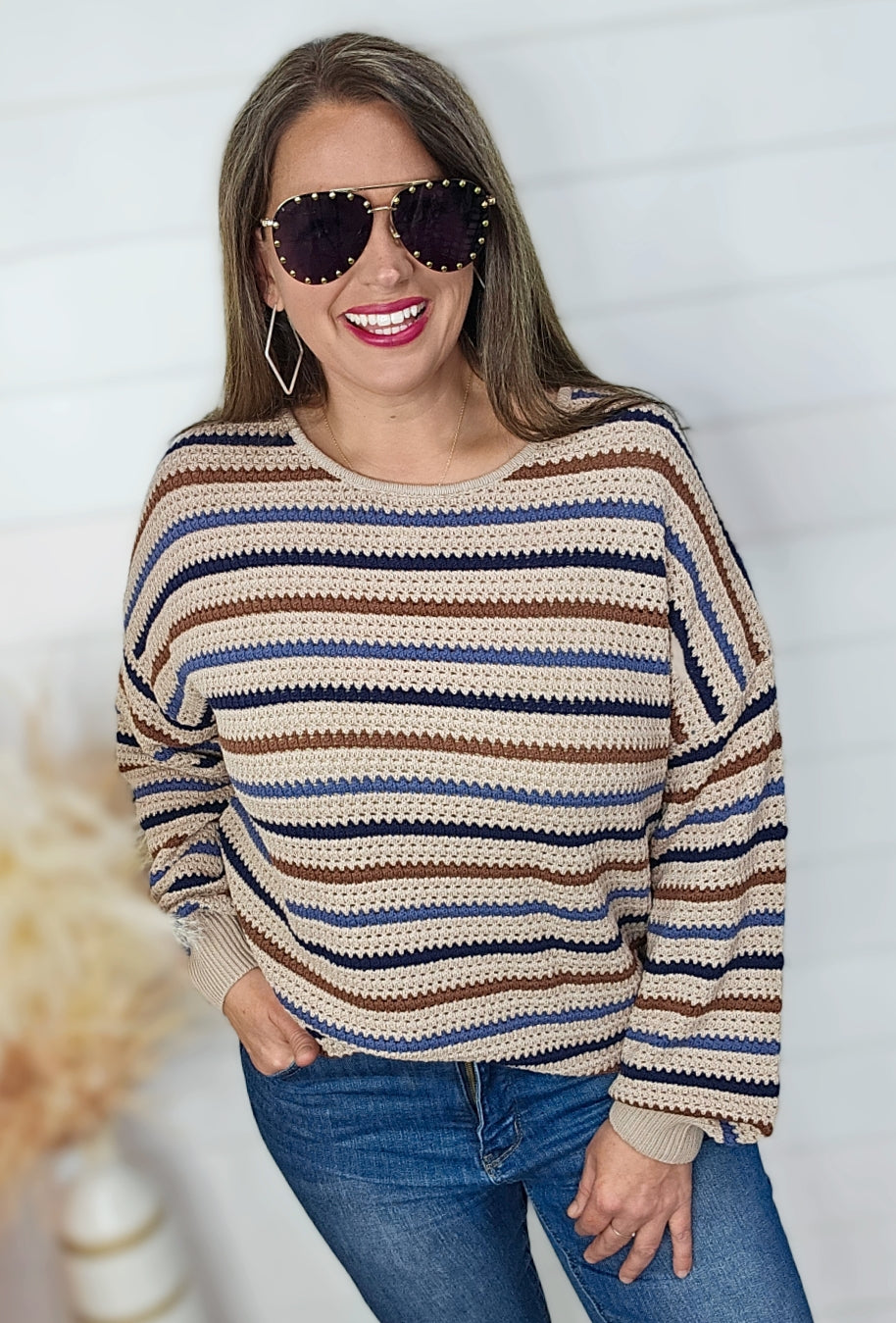 TAUPE MULTI STRIPED COTTON SWEATER