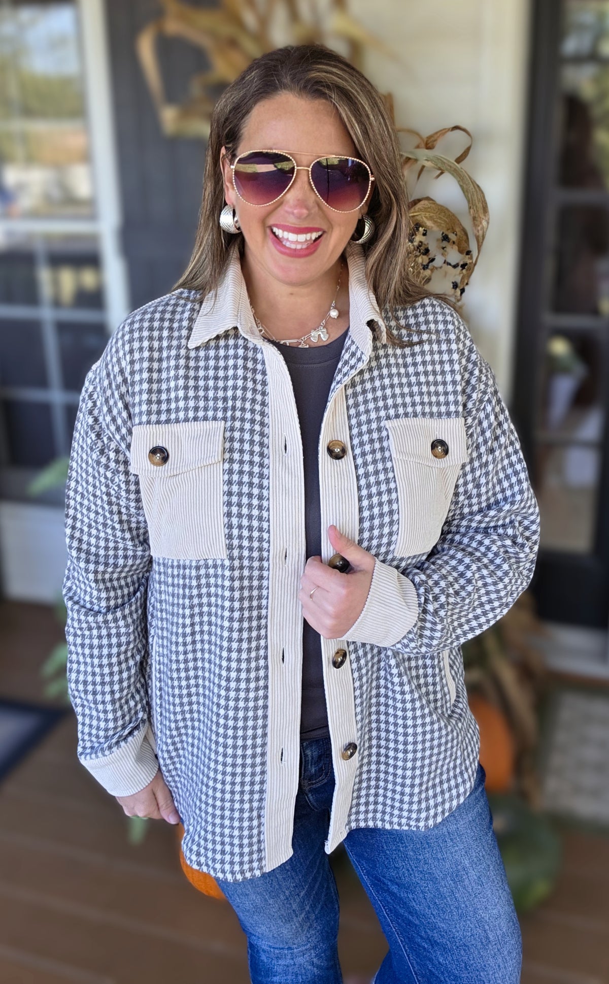 GREY MINI CHECK/CORD CONTRAST SHACKET WITH SIDE POCKETS