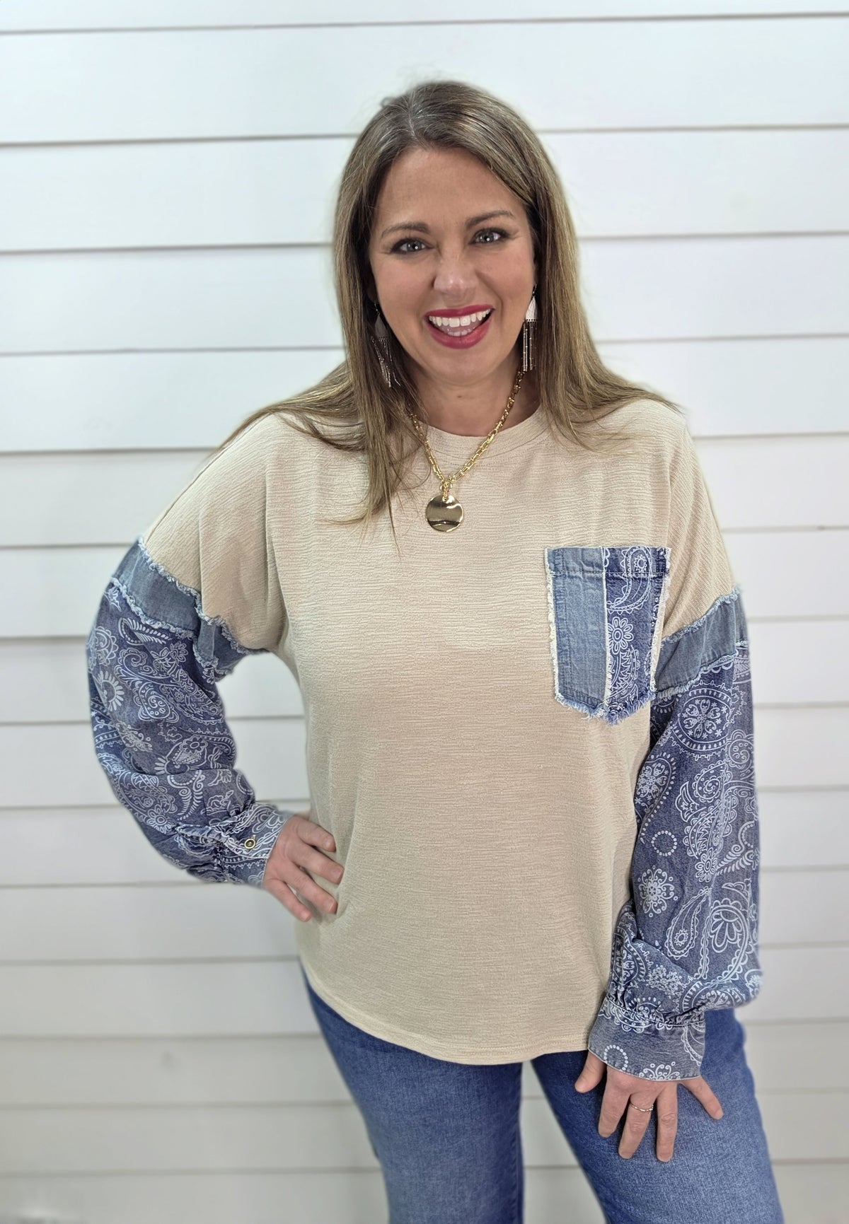 BEIGE COTTON TOP W/ DENIM/PAISLEY CONTRAST
