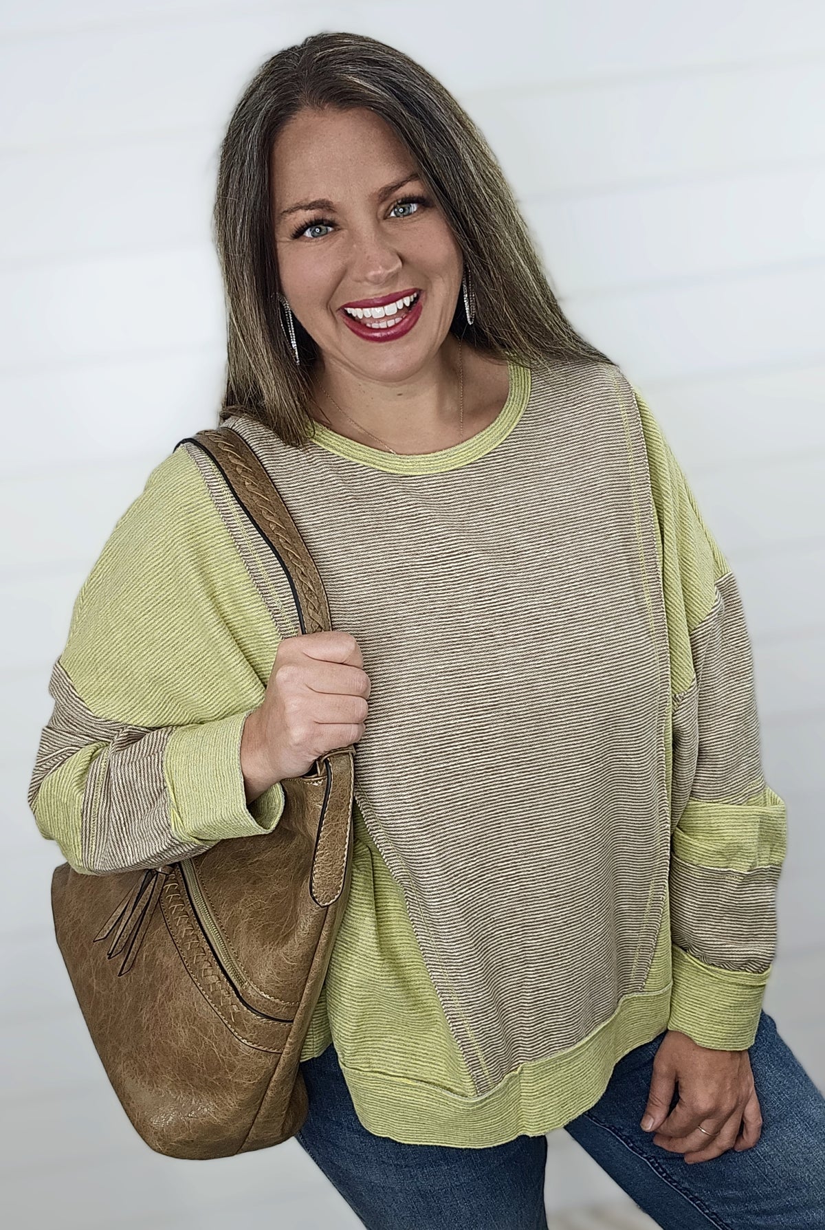 BROWN/GREEN CONTRAST STRIPED OVERSIZED TOP