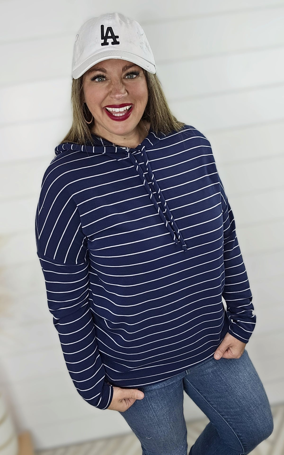 NAVY PIN STRIPED FRENCH TERRY HOODIE