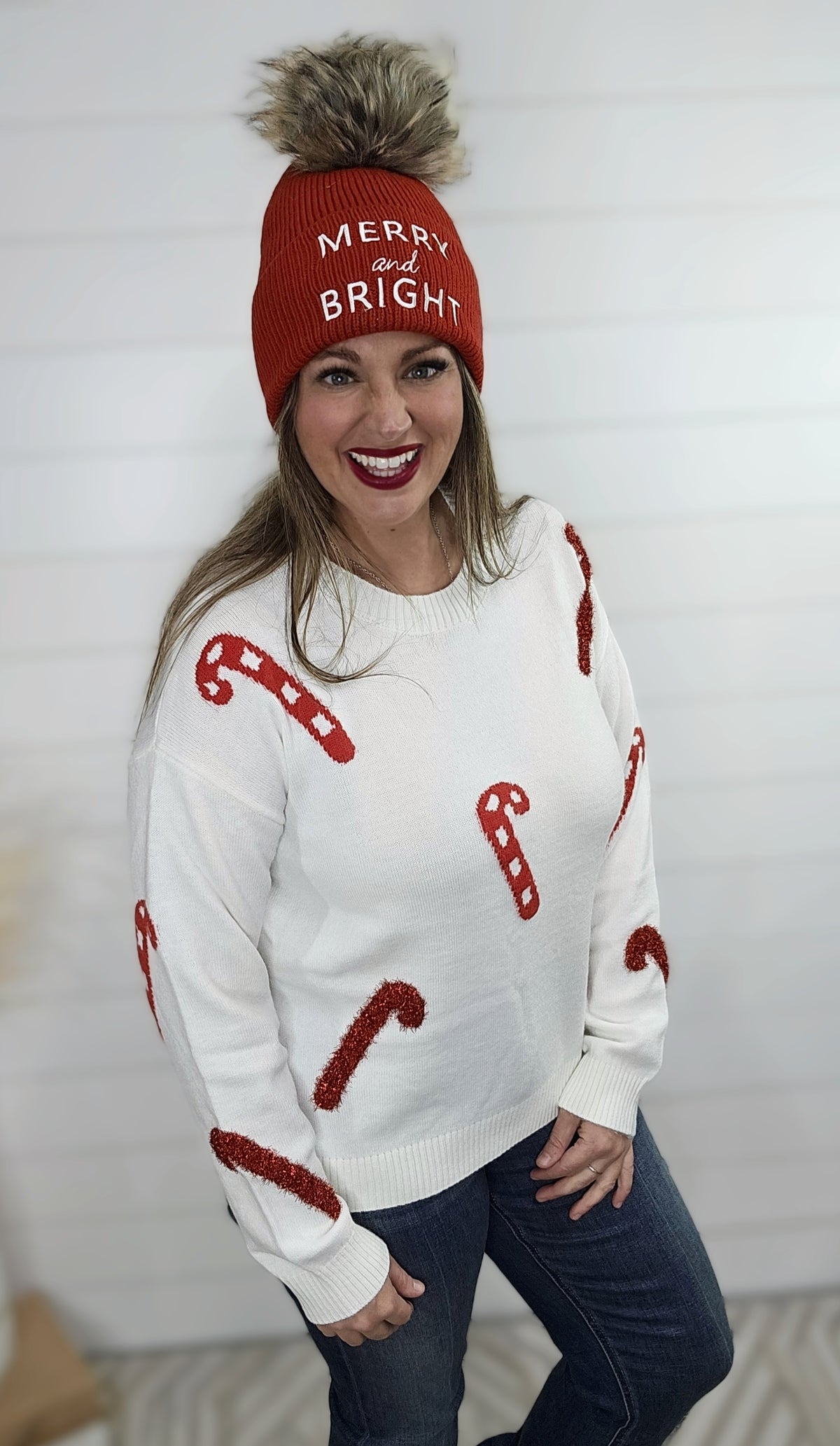 IVORY CANDY CANE CREW NECK PULLOVER SWEATER