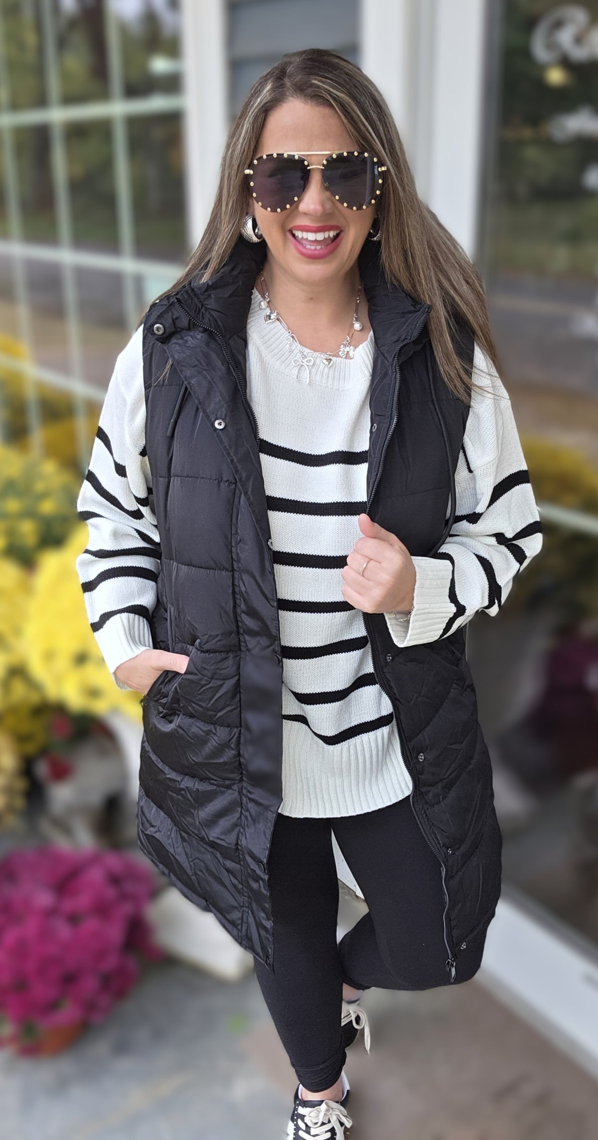 BLACK LONG HOODED PUFF VEST W/ SIDE ZIPPER