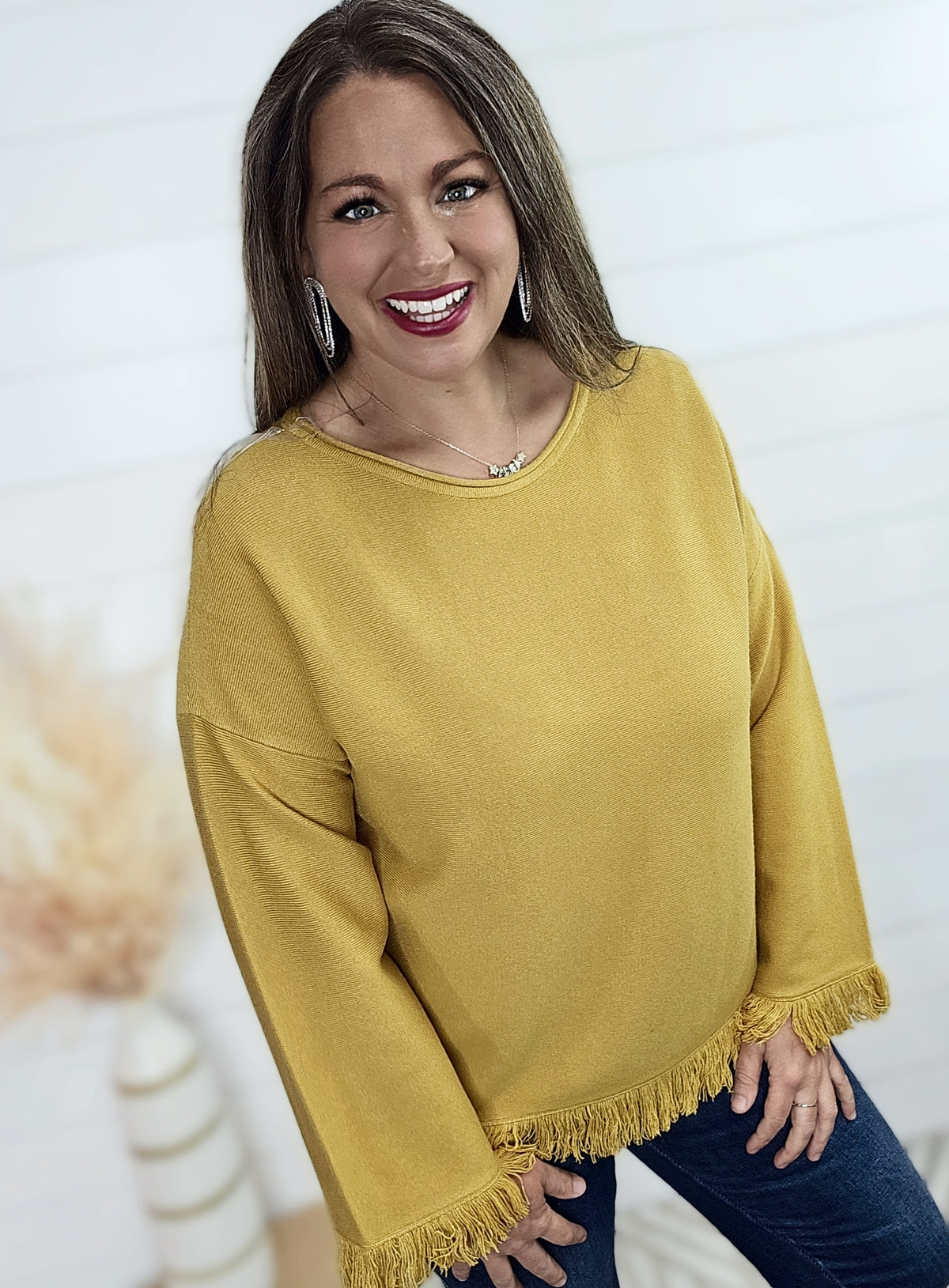 KAREN HART MUSTARD SWEATER W/ FRINGE TRIM