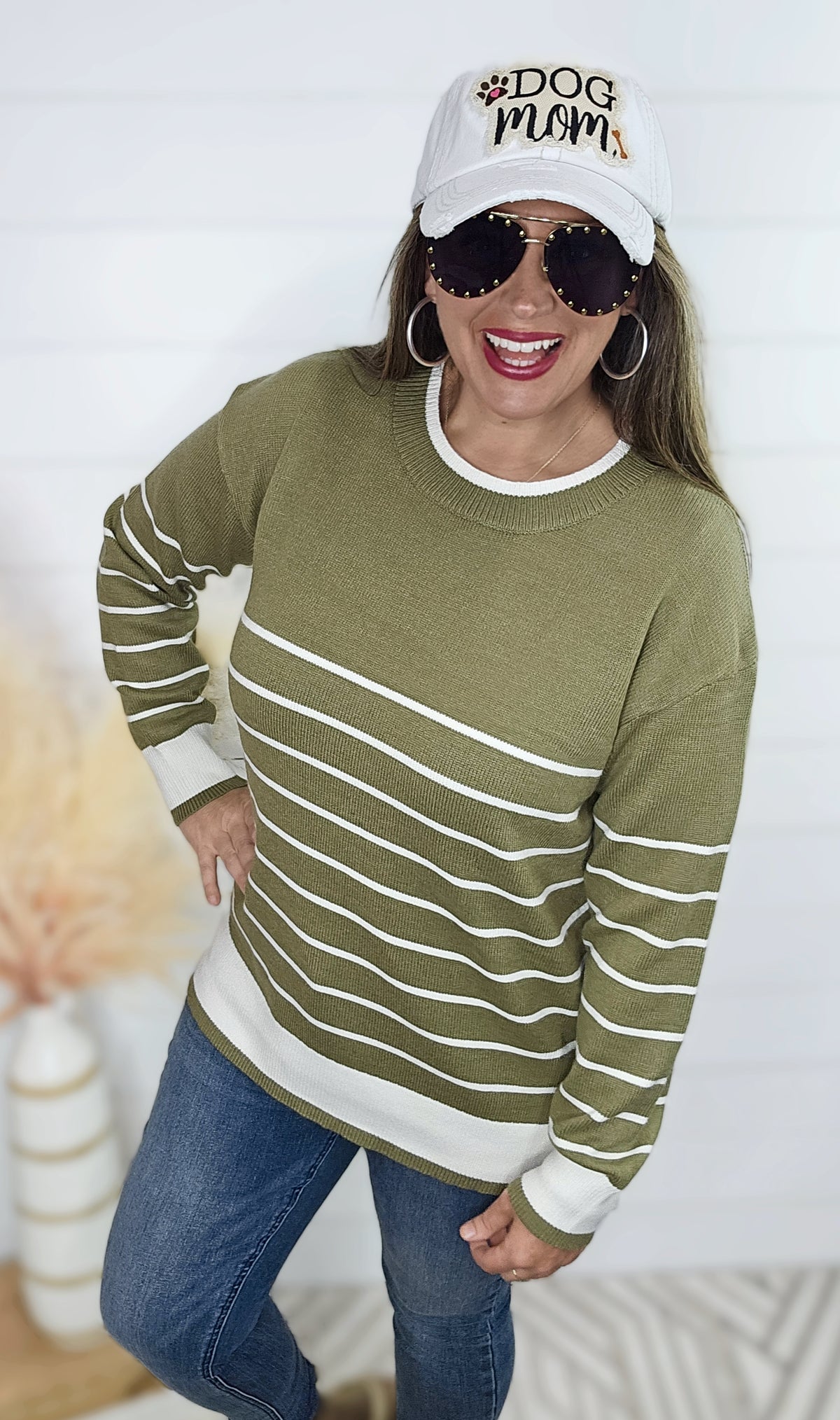 OLIVE/CREAM STRIPED CREW NECK SWEATER