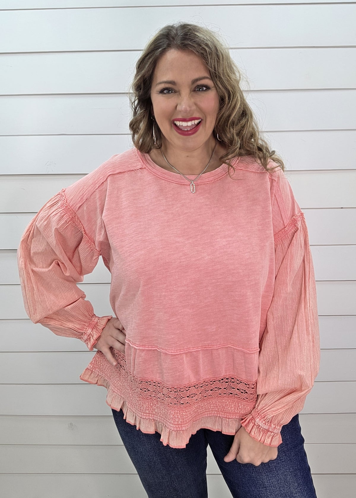 CORAL OVERSIZED MINERAL WASHED LACE TRIM TOP