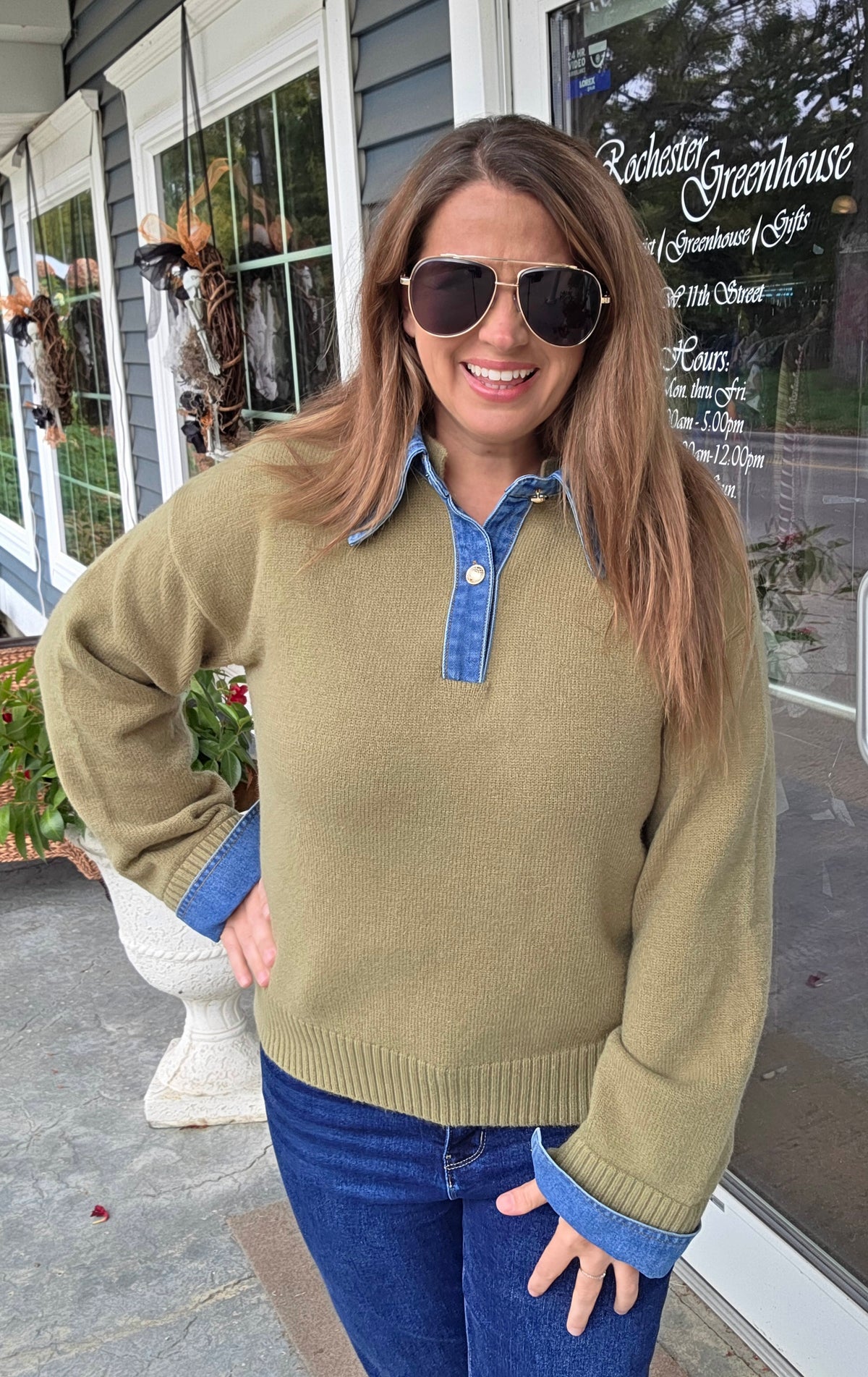 LT OLIVE SWEATER W/ DENIM TRIM