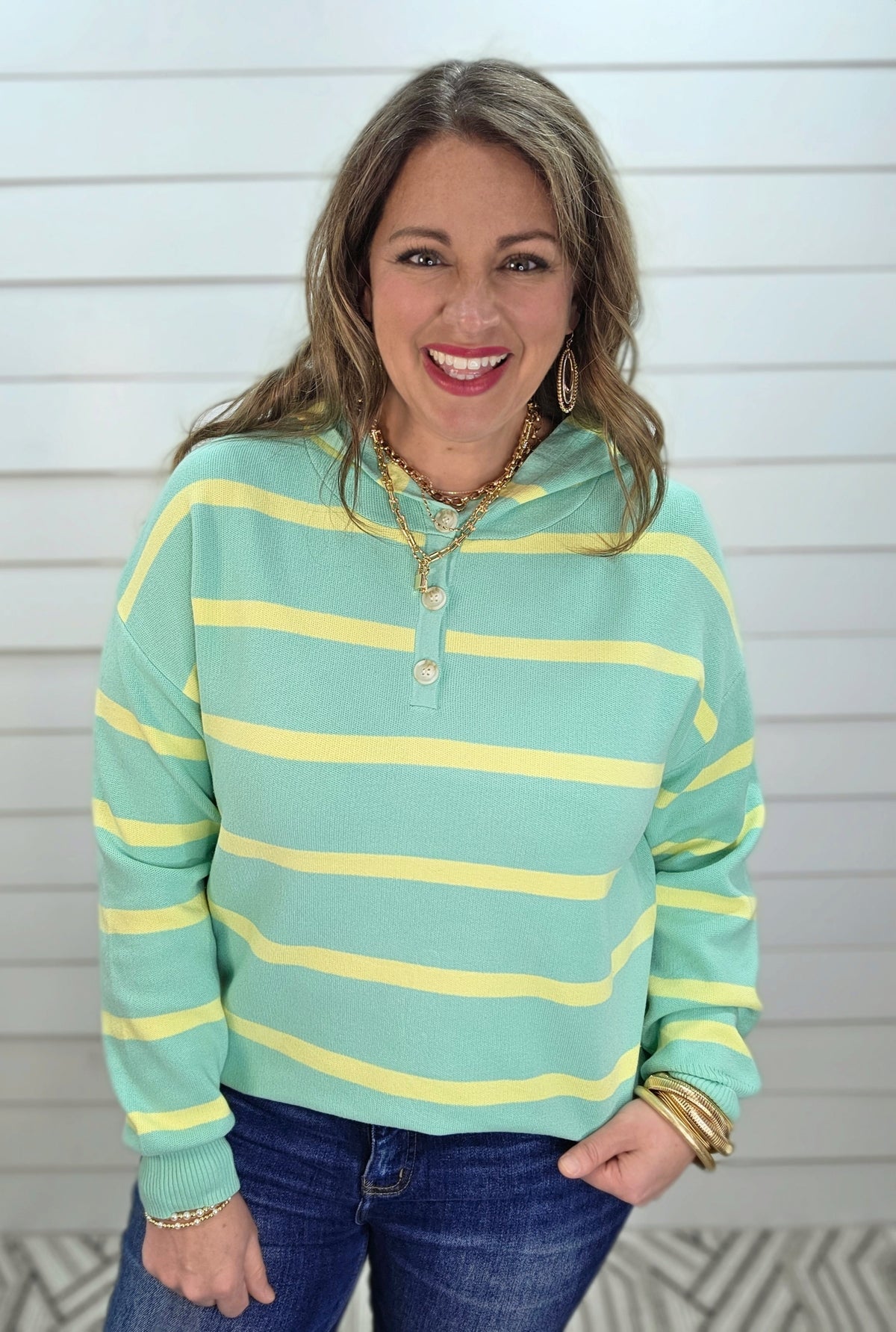 MINT/YELLOW BUTTON HENLEY HOODED KNIT PULLOVER SWEATER