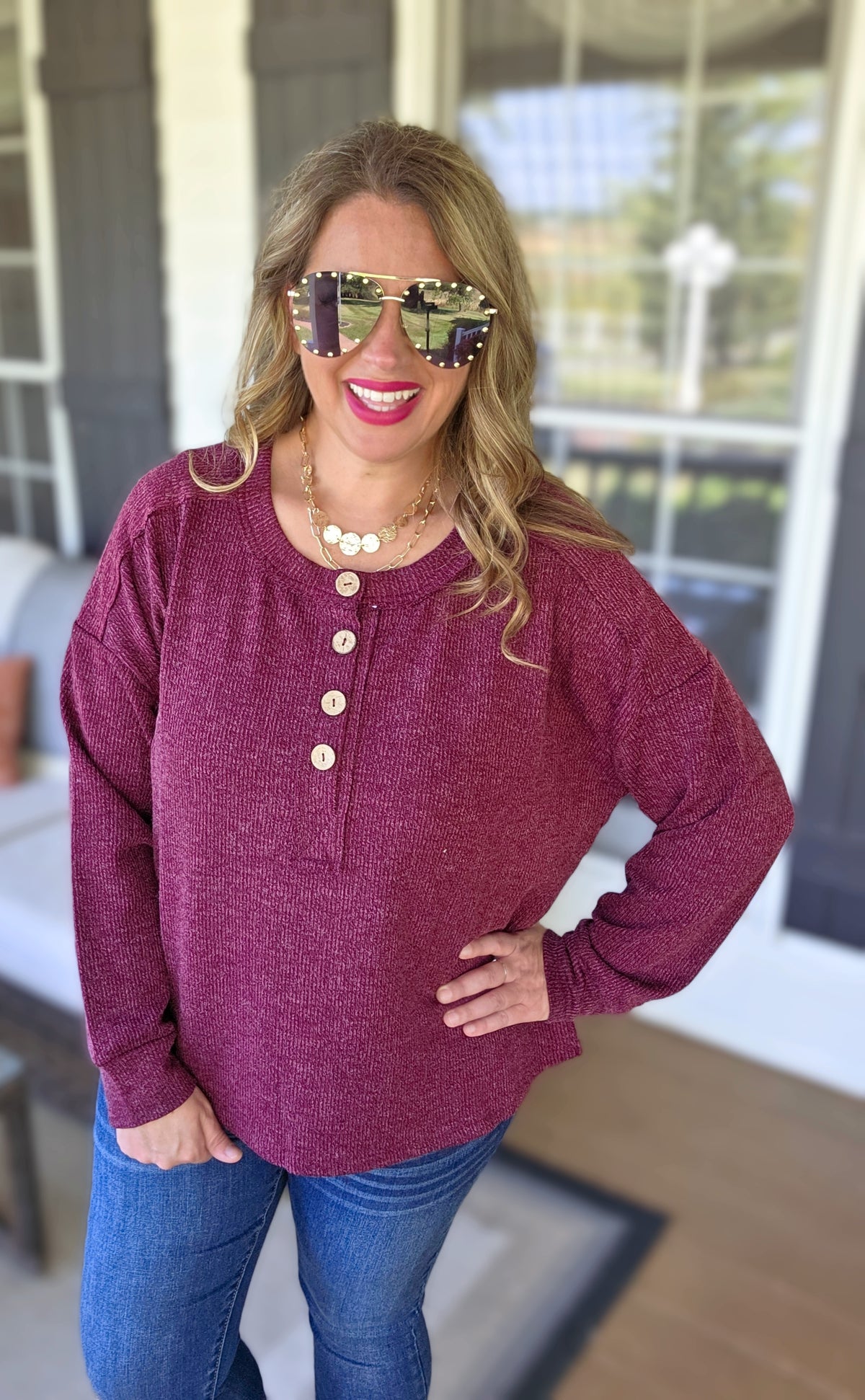 BURGUNDY RIBBED TEXTURED LONG SLEEVE HENLEY KNIT TOP