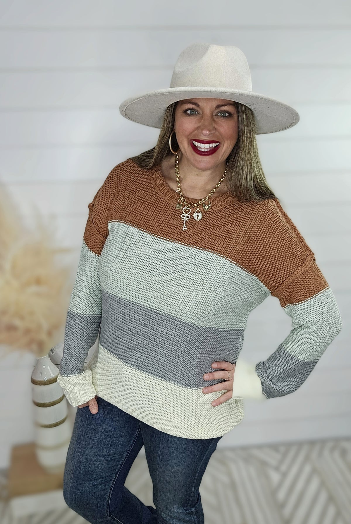 BROWN/GREY/CREAM COLORBLOCK KNIT SWEATER