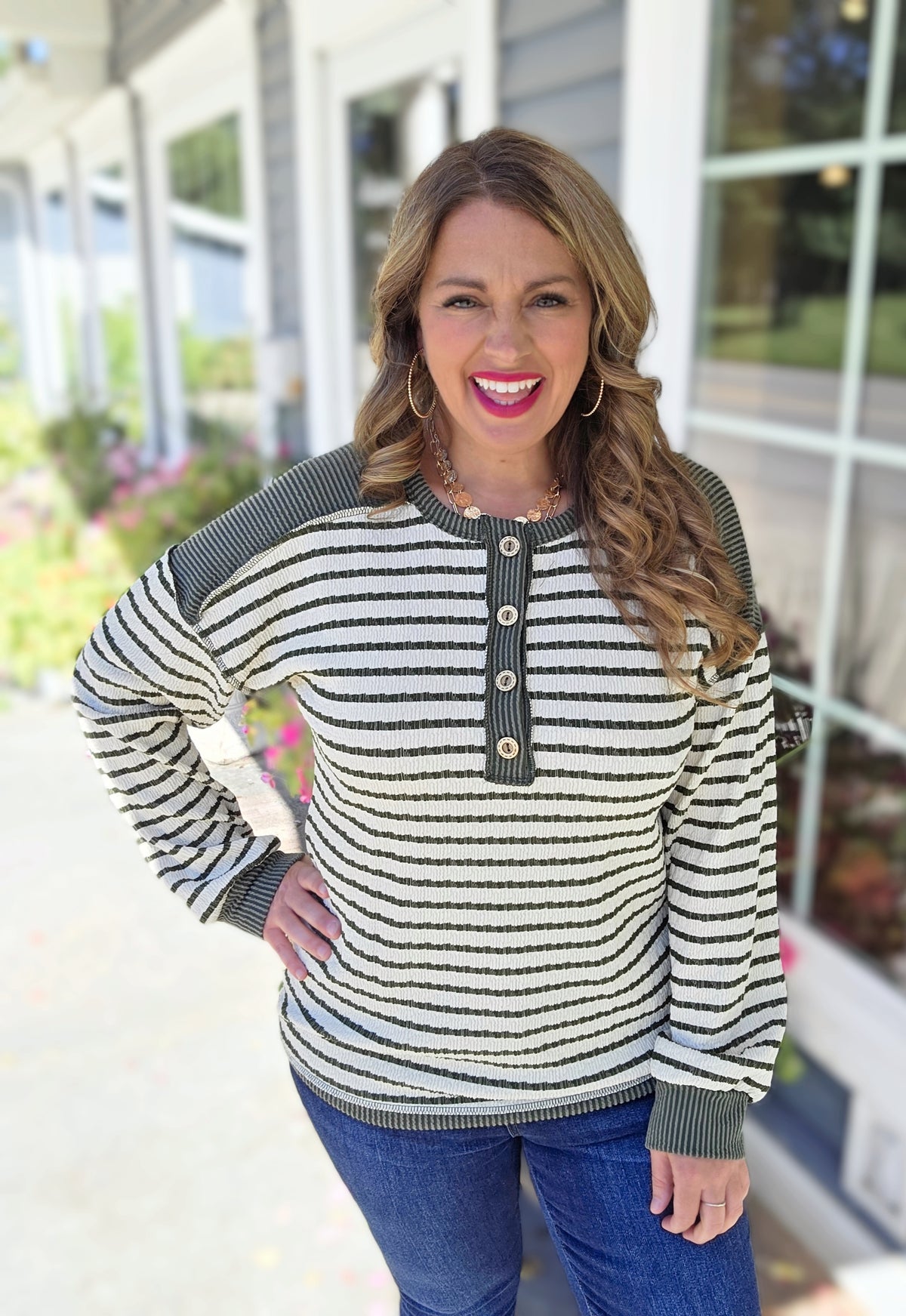 OLIVE/CREAM TEXTURED HENLEY KNIT TOP W/ RAISED RIBBED ACCENT