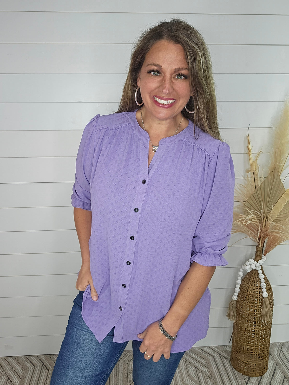 LAVENDER 3/4 SLEEVE TUXTURED BUTTON UP BLOUSE