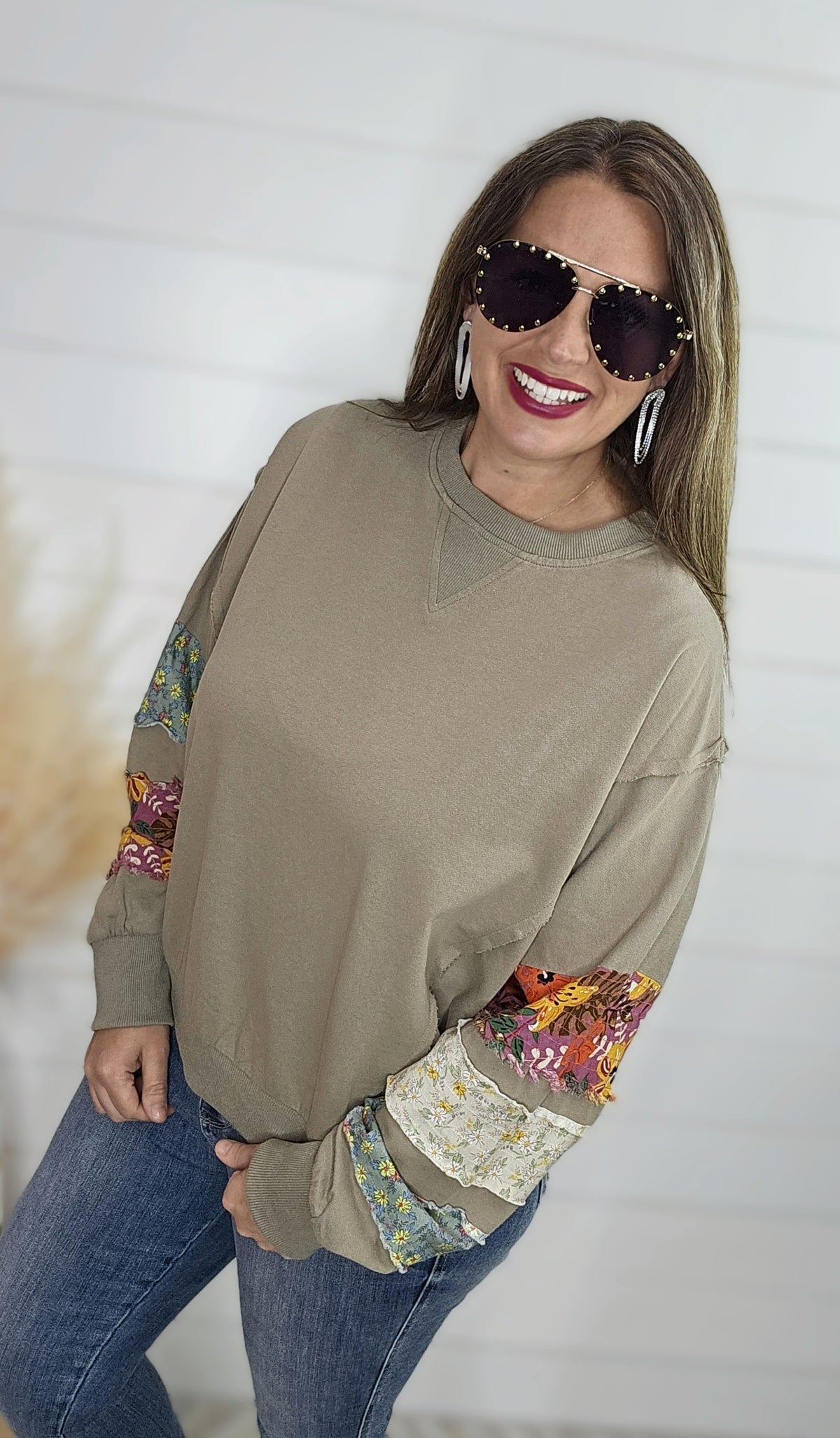 OLIVE GREY MIX PRINT SLEEVE OVERSIZED TOP