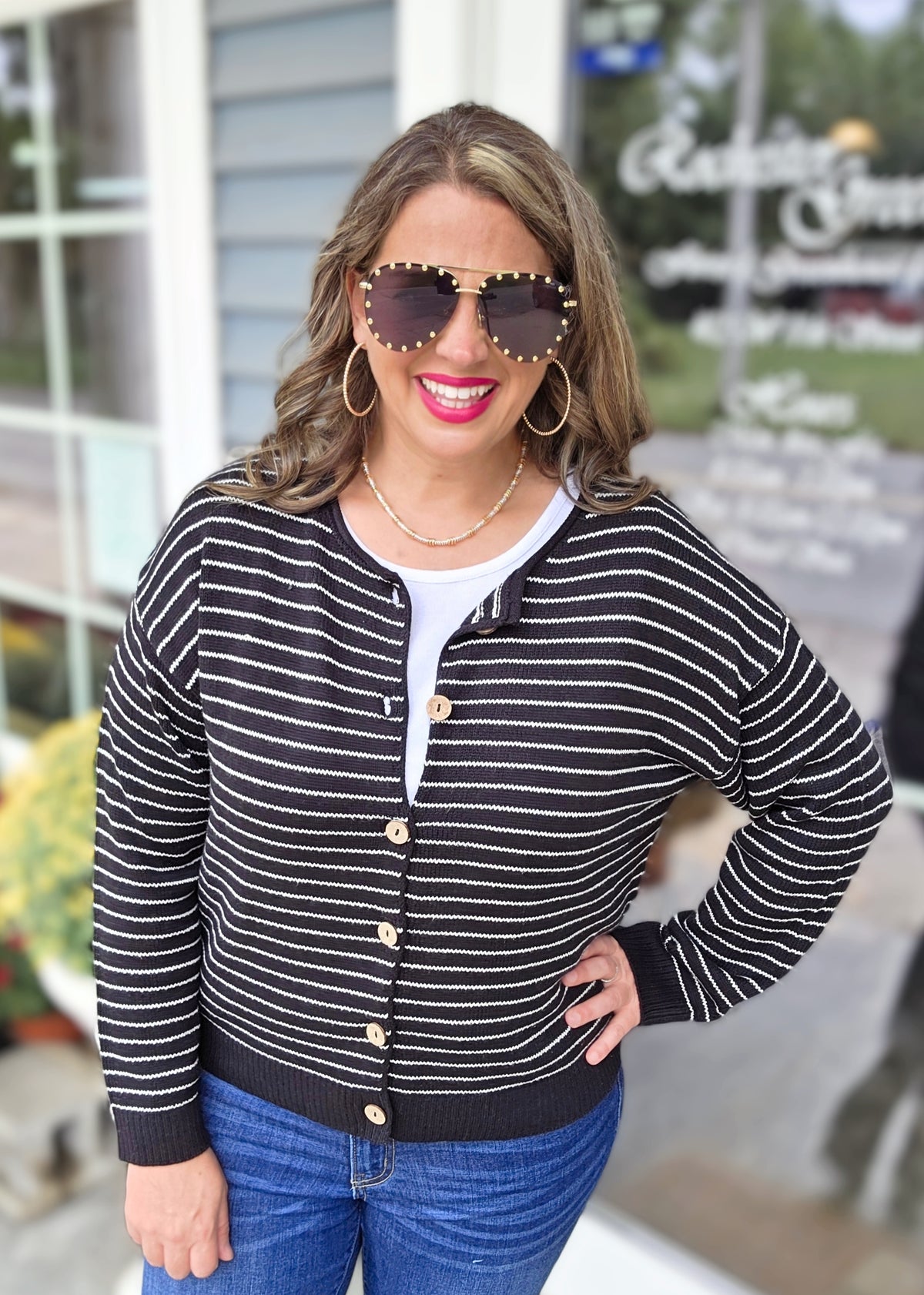 BLACK/WHITE PIN STRIPED BUTTON CARDIGAN/SWEATER