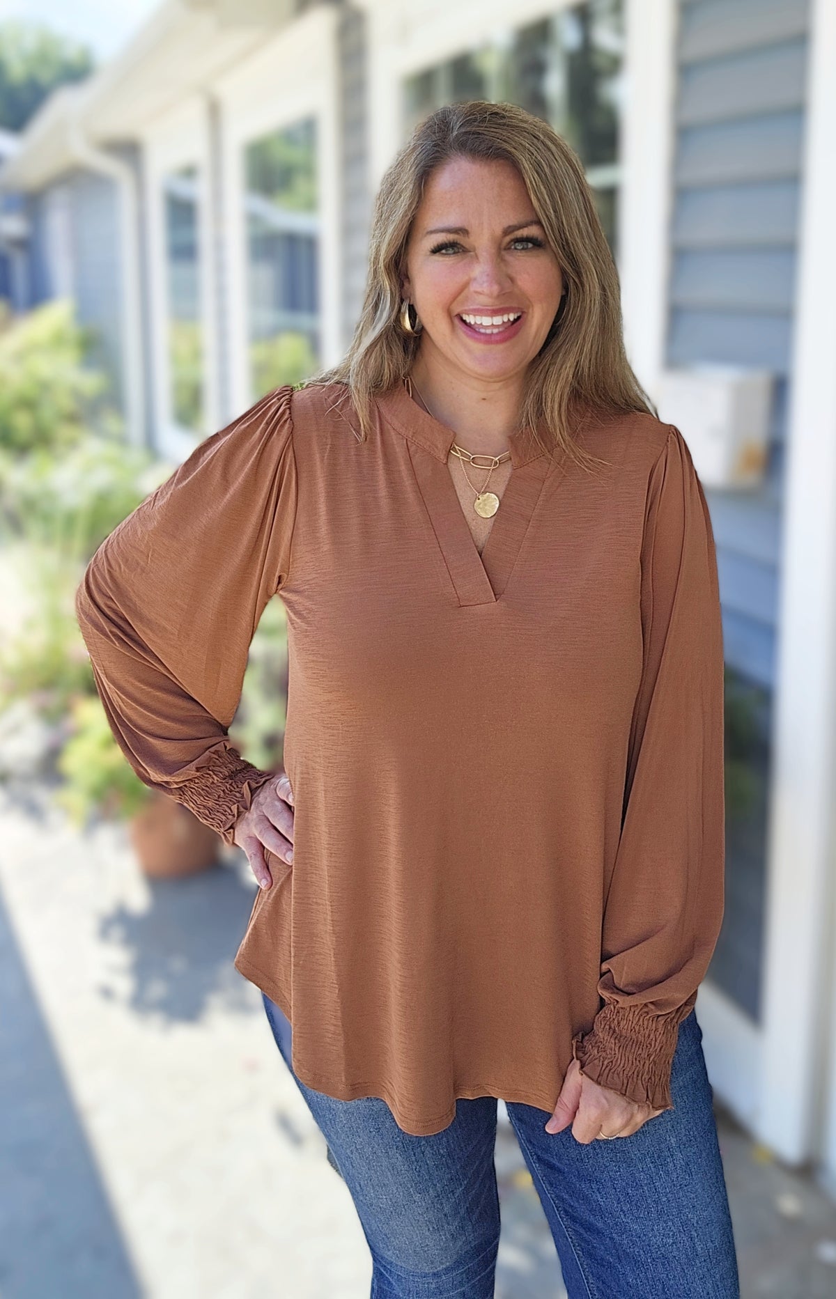 DEAR SCARLETT CARAMEL LONG SLEEVE SMOCKED LIZZY TOP