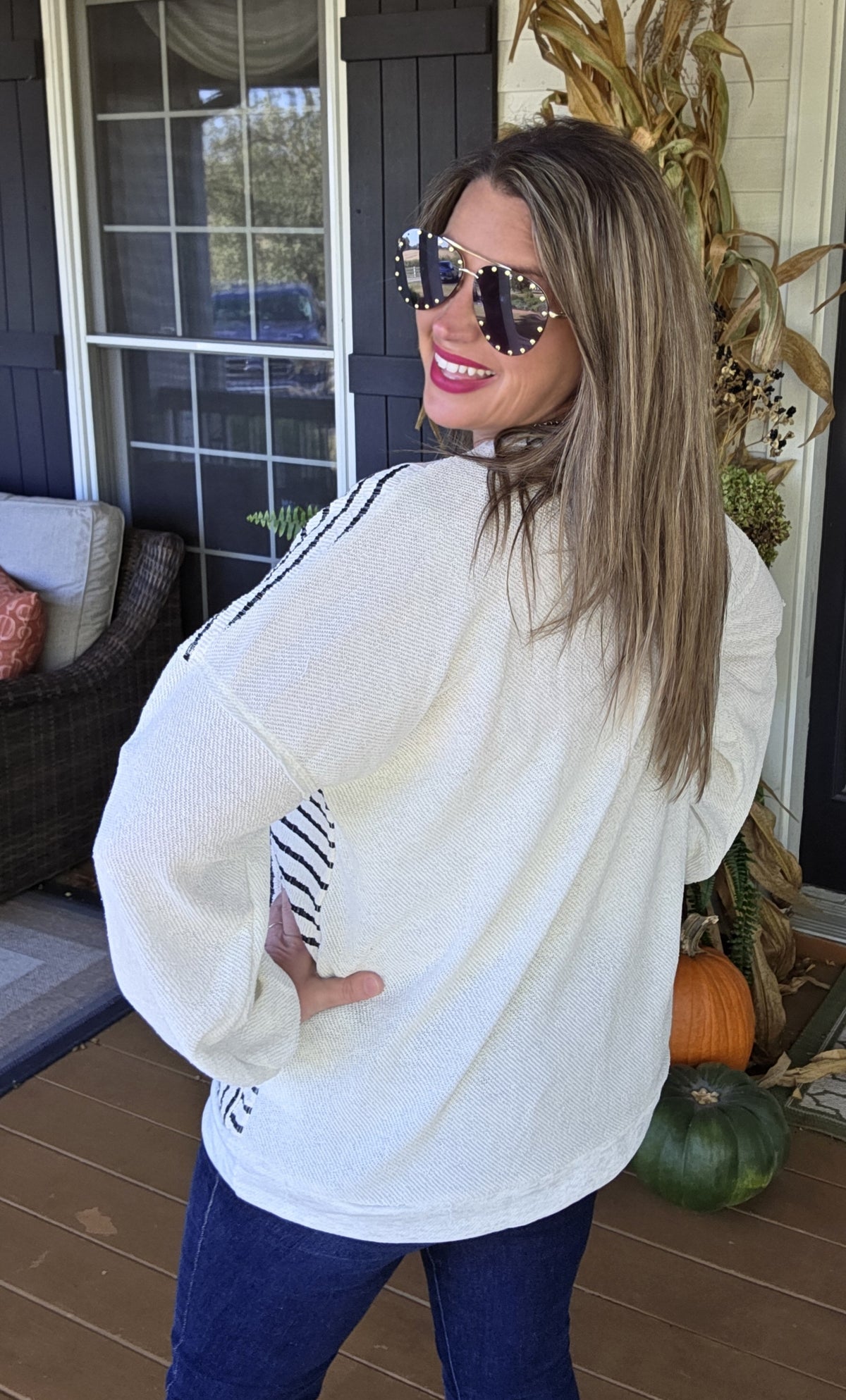 OATMEAL FRENCH TERRY BLACK STRIPED TEXTURED CONTRAST KNIT TOP