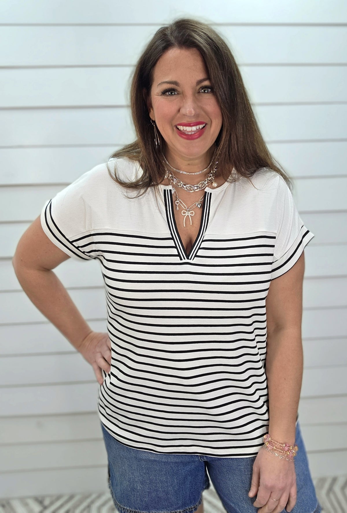 BLACK & WHITE STRIPED COLORBLOCK V NECK FRENCH TERRY KNIT TOP