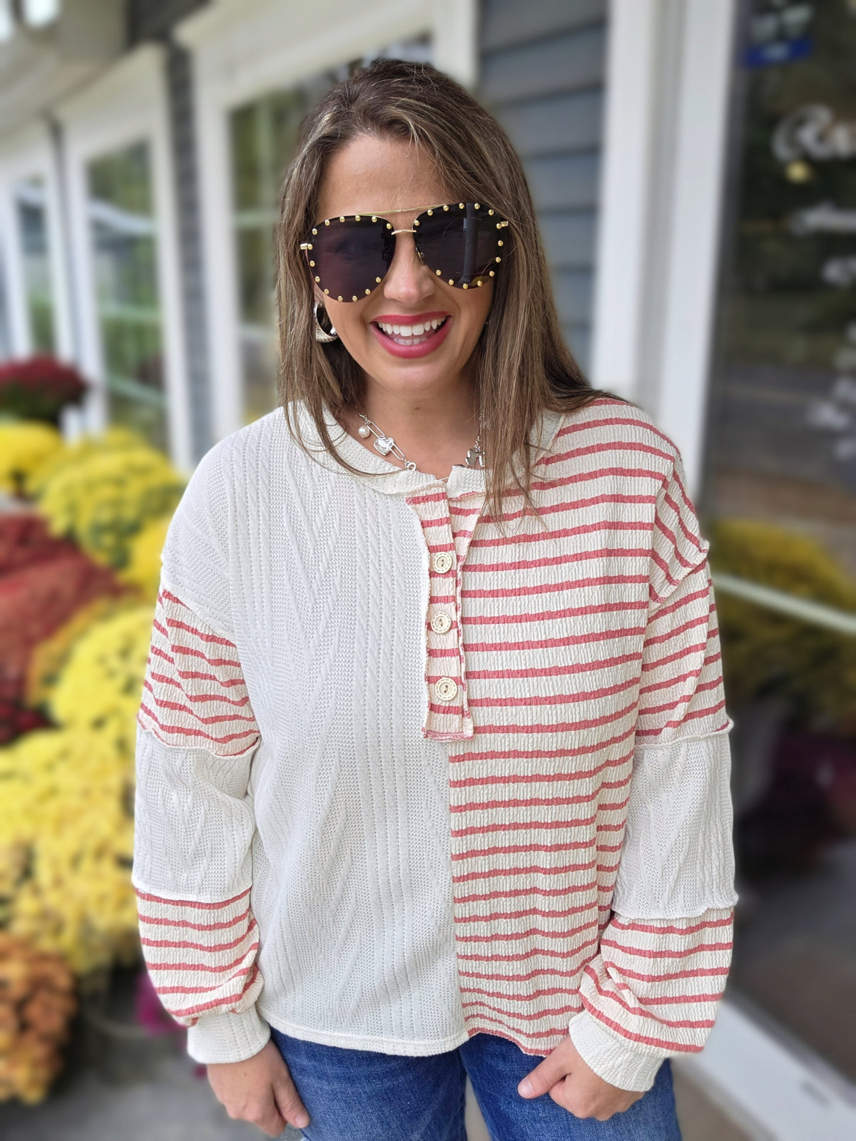 MAUVE CONTRAST STRIPED/TEXTURED BUTTON TRIM KNIT TOP