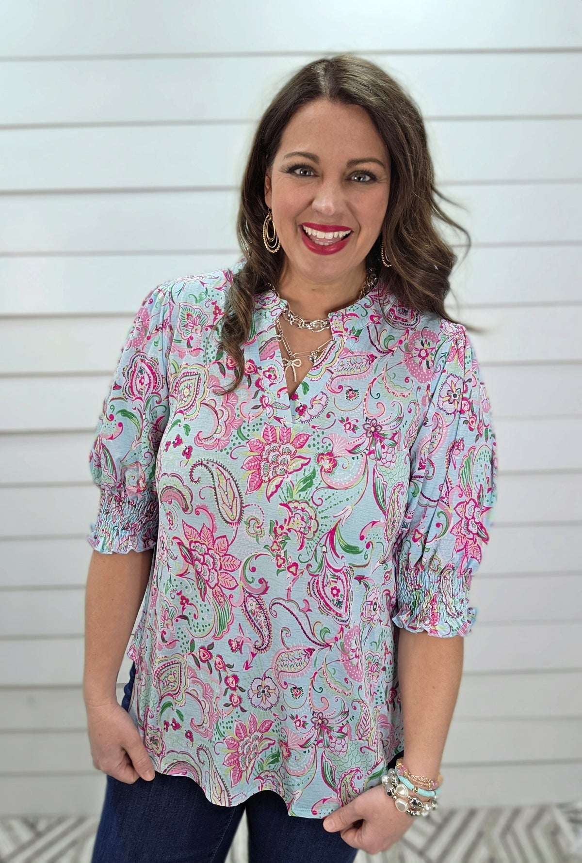 DEAR SCARLETT SMOCKED TOP - AQUA PINK PAISLEY PRINT