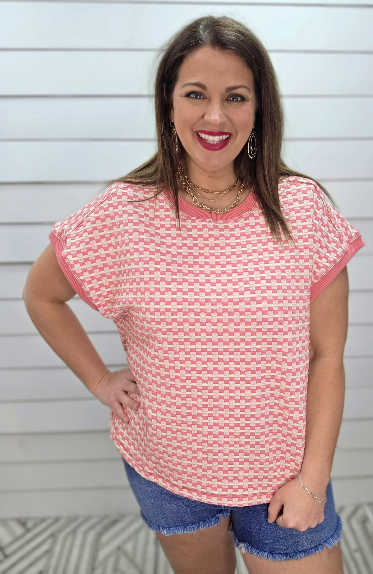 PINK/OATMEAL TEXTURED CHECK KNIT TOP