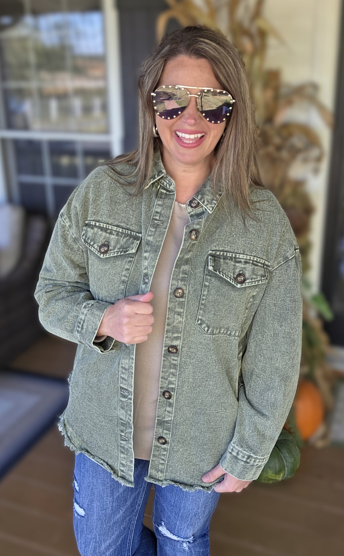 MINERAL WASH GREEN BUTTON DOWN OVERSIZED DENIM SHACKET