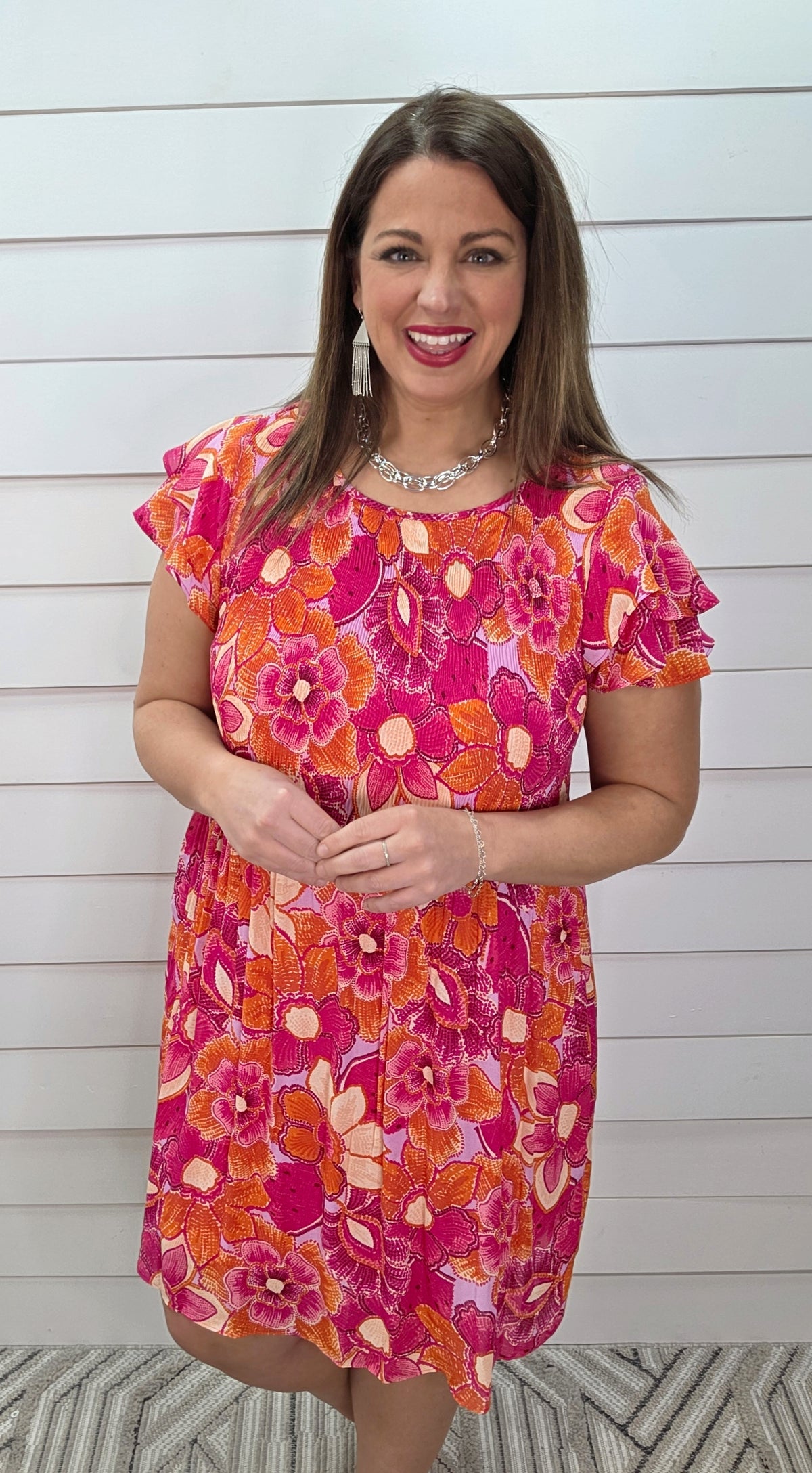 HOT PINK FLORAL LOOSE SMOCKED TOP DRESS