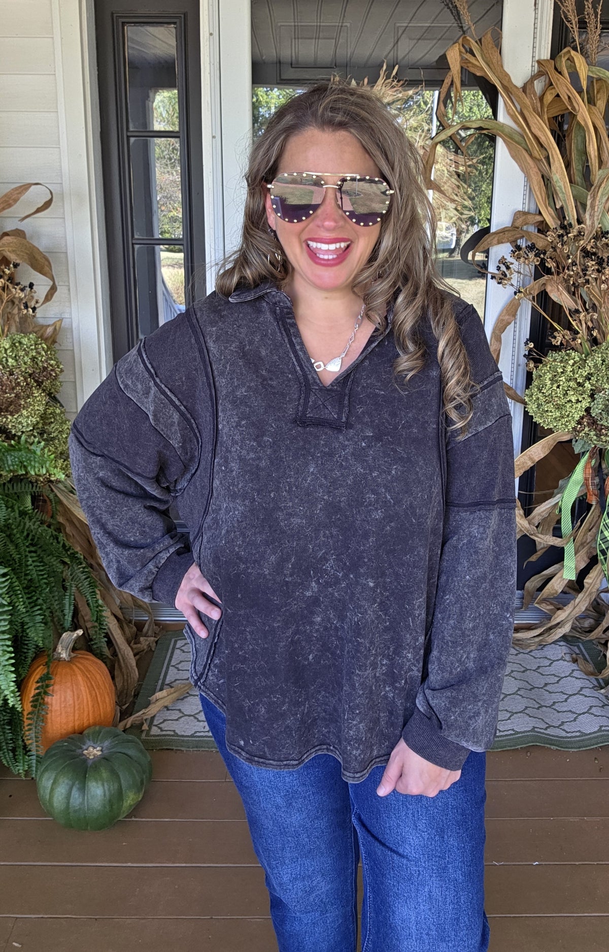 BLACK MINERAL WASH FRENCH TERRY PULLOVER WITH LAY DOWN COLLAR