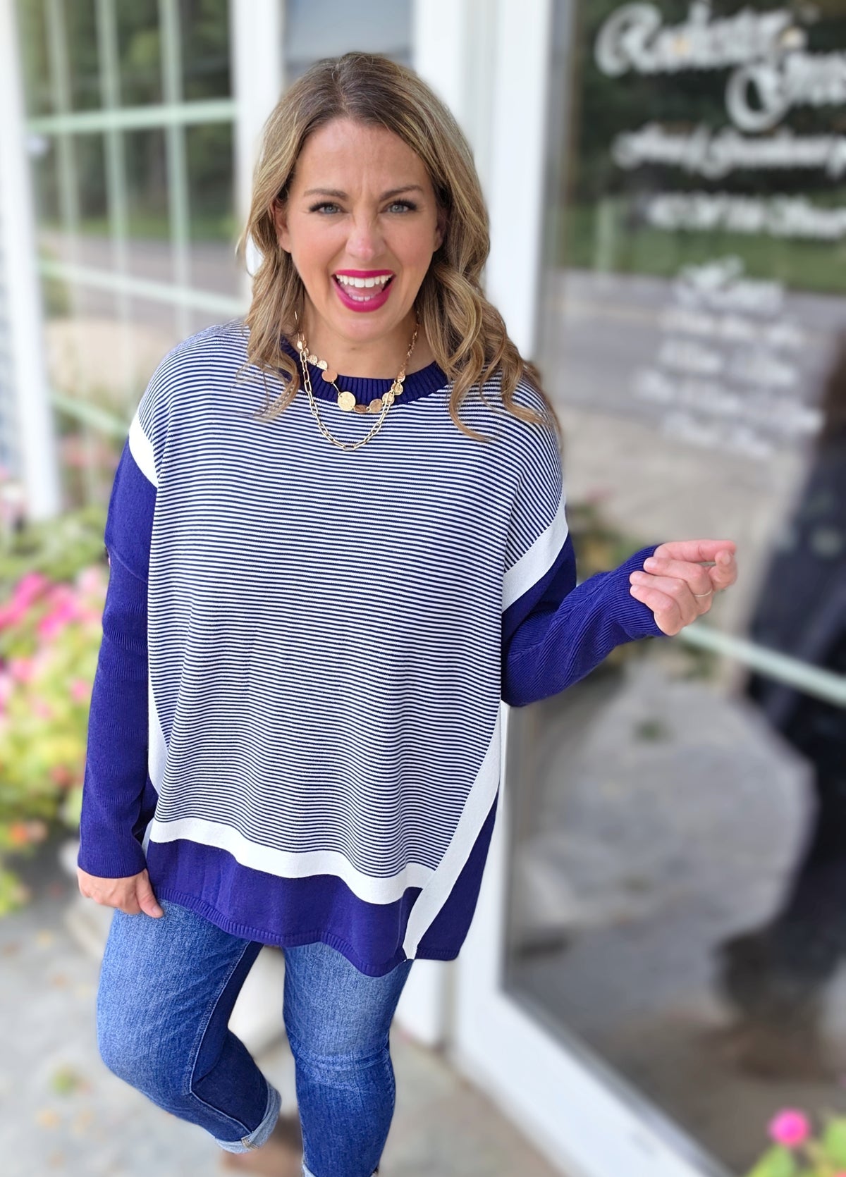 BLUE STRIPED/COLORBLOCK DOLMAN TUNIC SWEATER