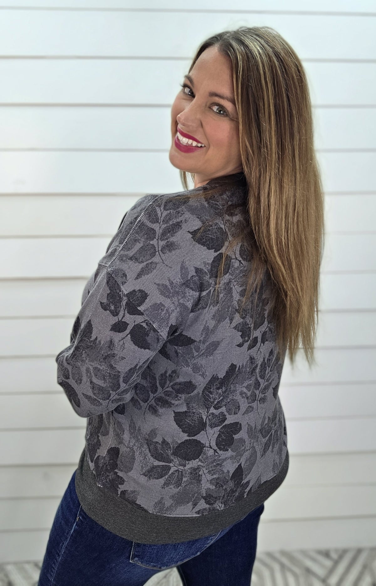 GREY Crew Neck, Long Sleeve, Rib Hacci Floral Printed Top