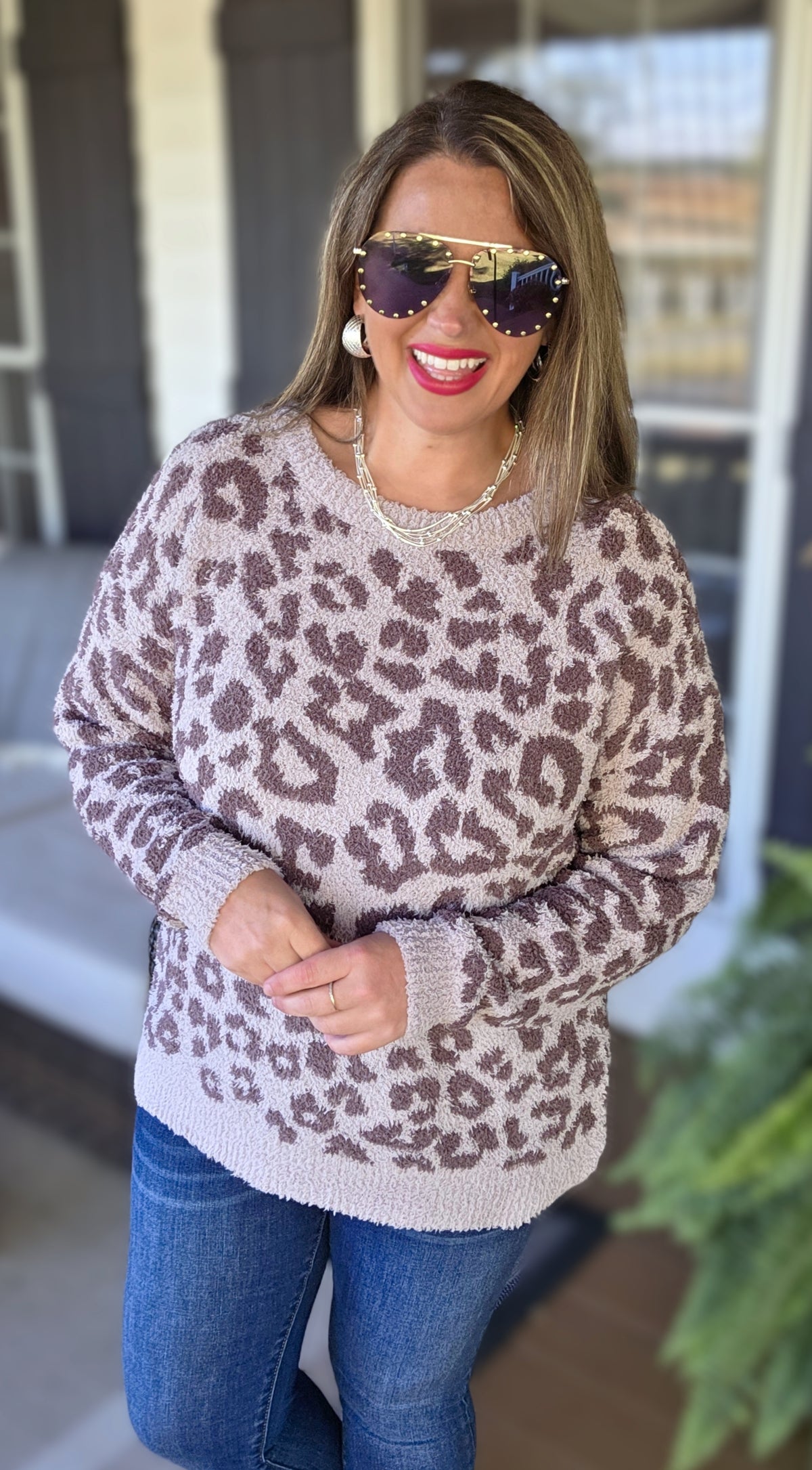 MOCHA ANIMAL ULTRA SOFT FUZZY ANIMAL PRINT SWEATER PULLOVER