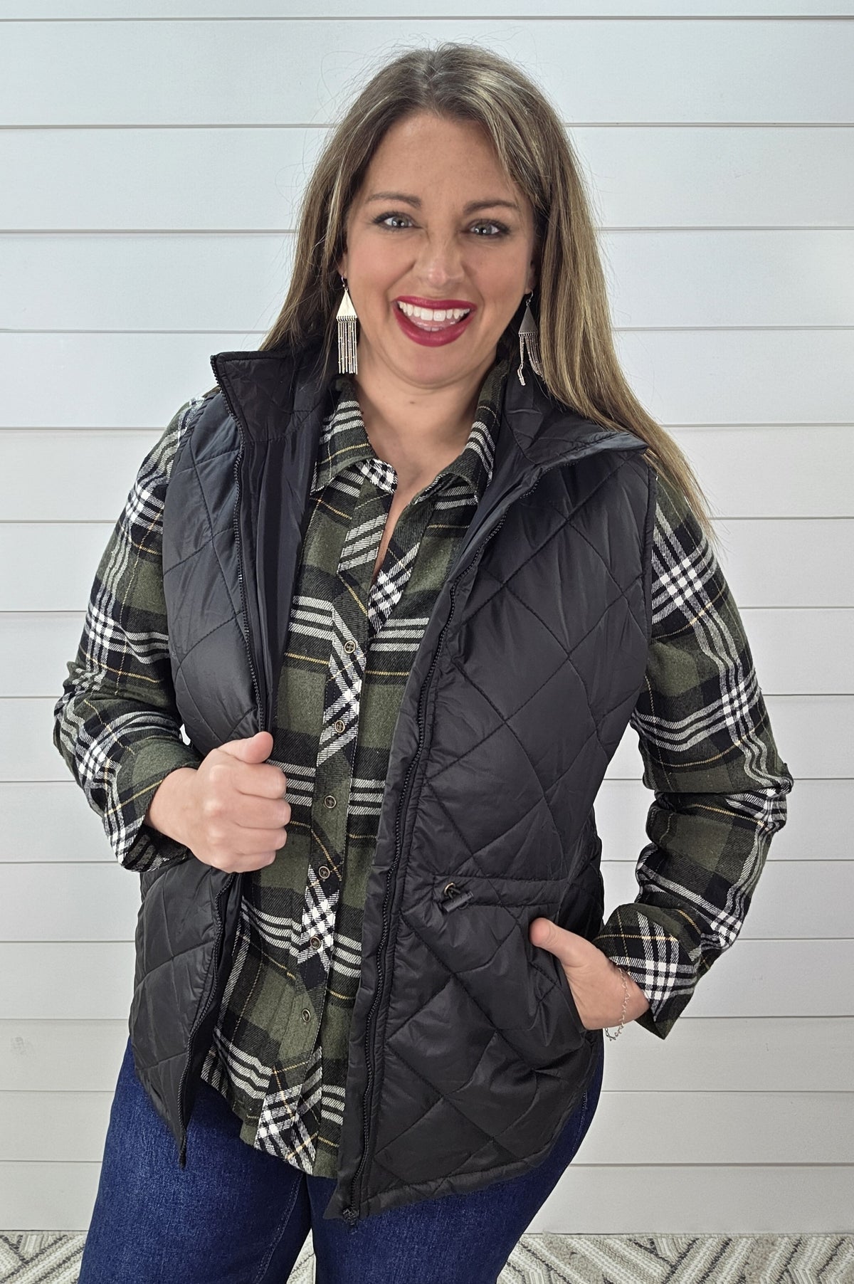 KAREN HART BLACK QUILTED CINCH ZIPPER VEST