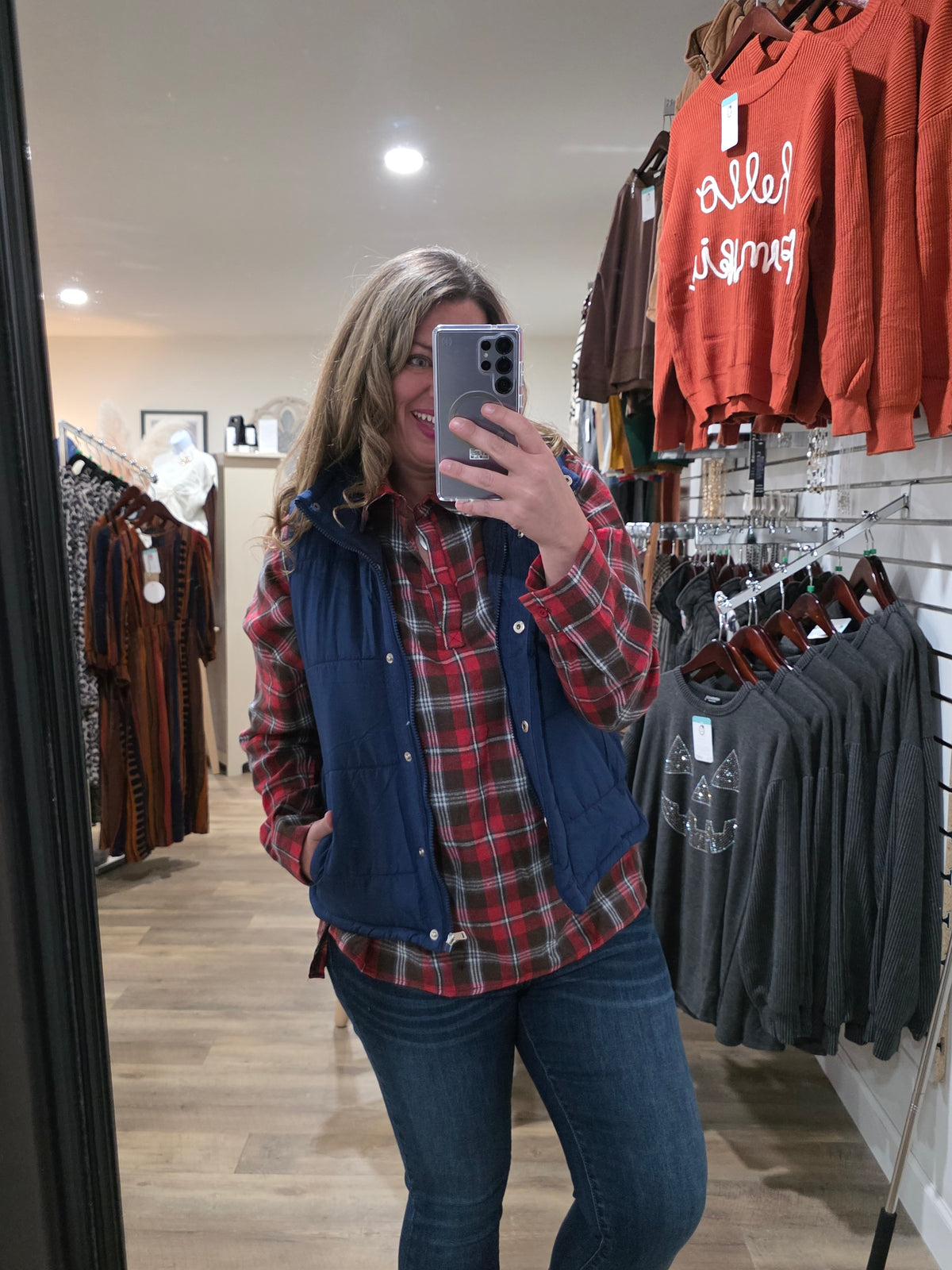 RED PLAID V NECK HI LOW TOP