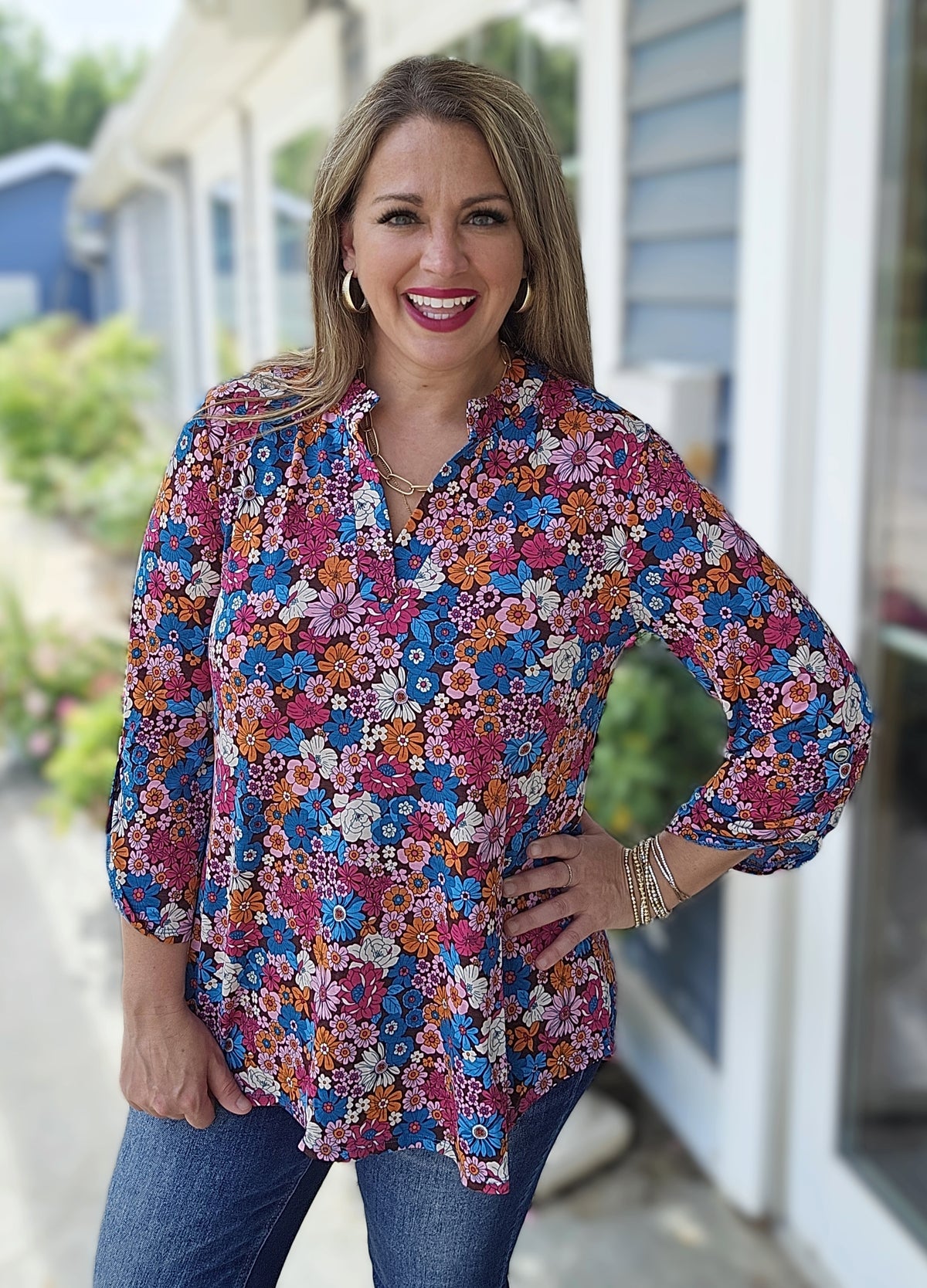 DEAR SCARLETT CHOCOLATE/MULTI FLORAL LIZZY TOP