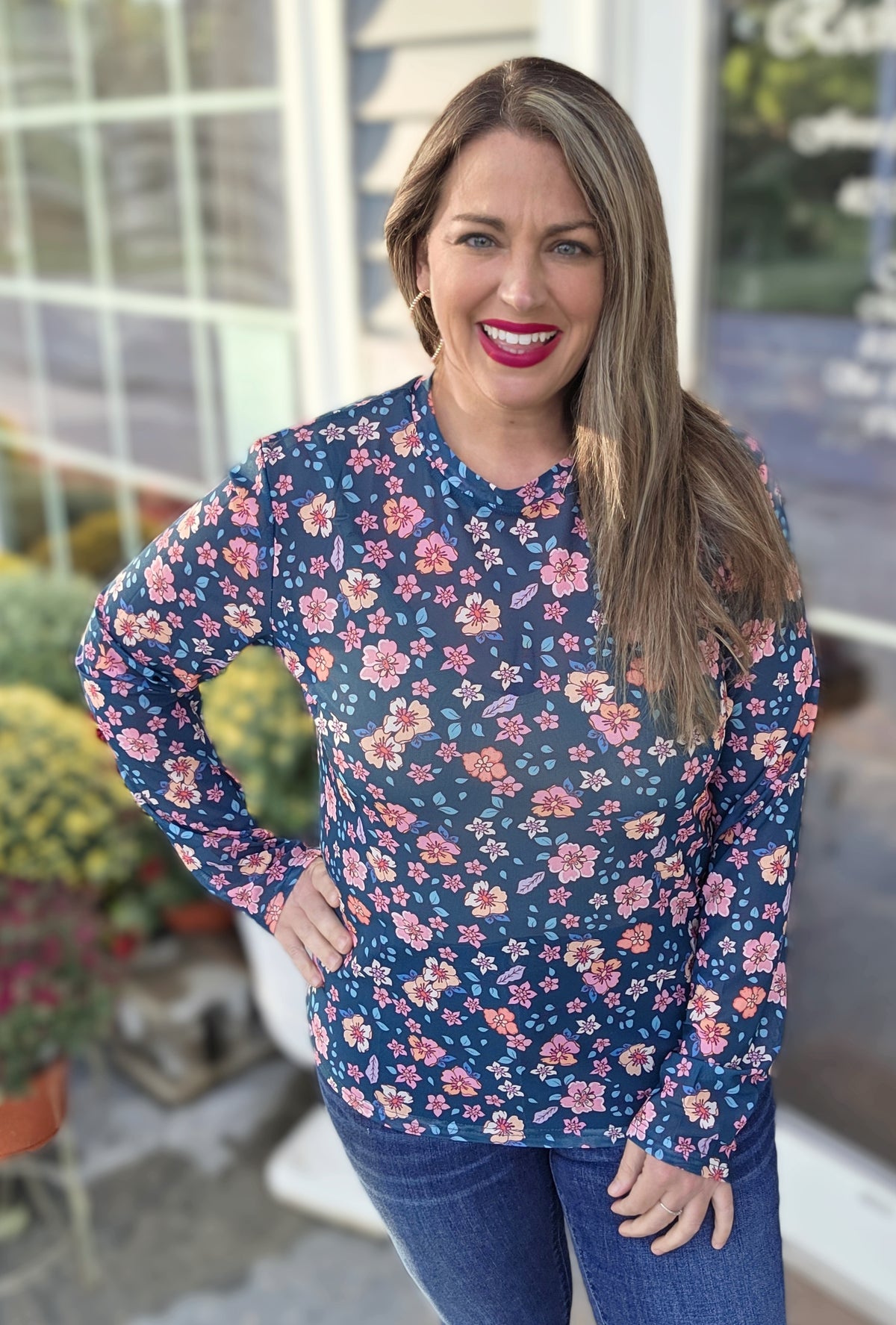 SHIRLEY AND STONE DARK GREEN FLORAL MESH TOP