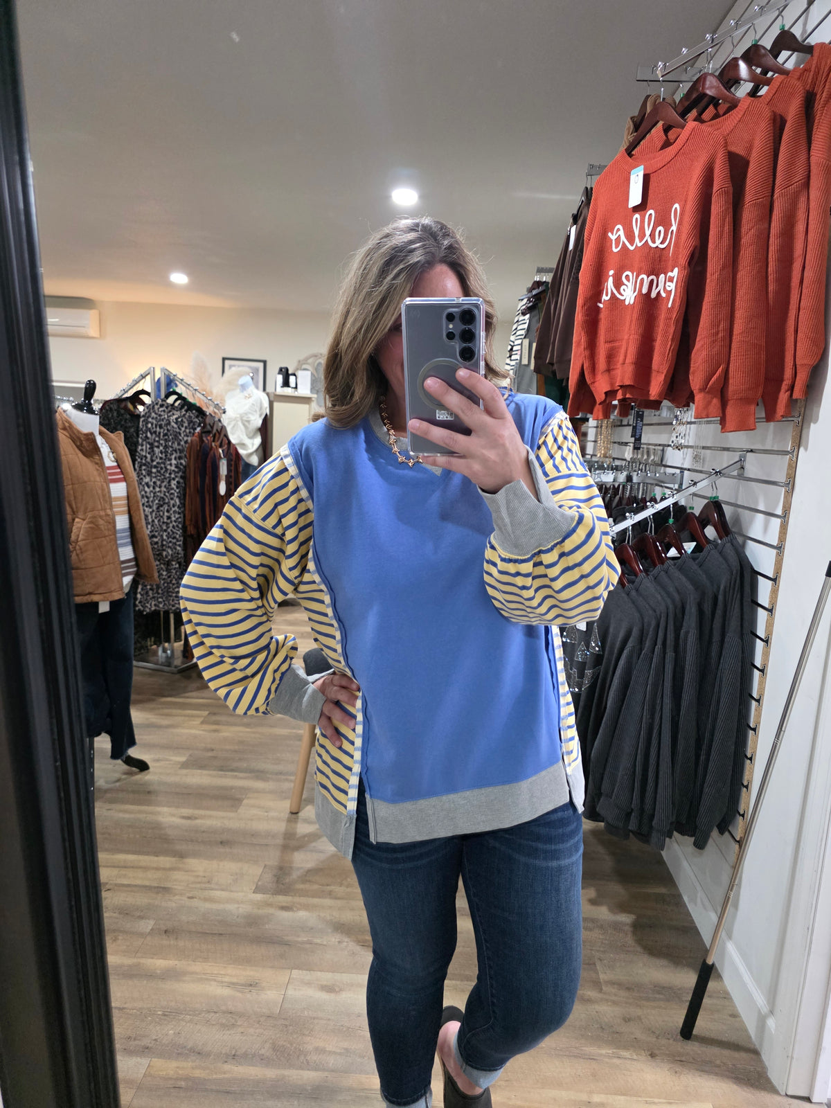BLUE/STRIPED CONTRAST FRENCH TERRY TOP