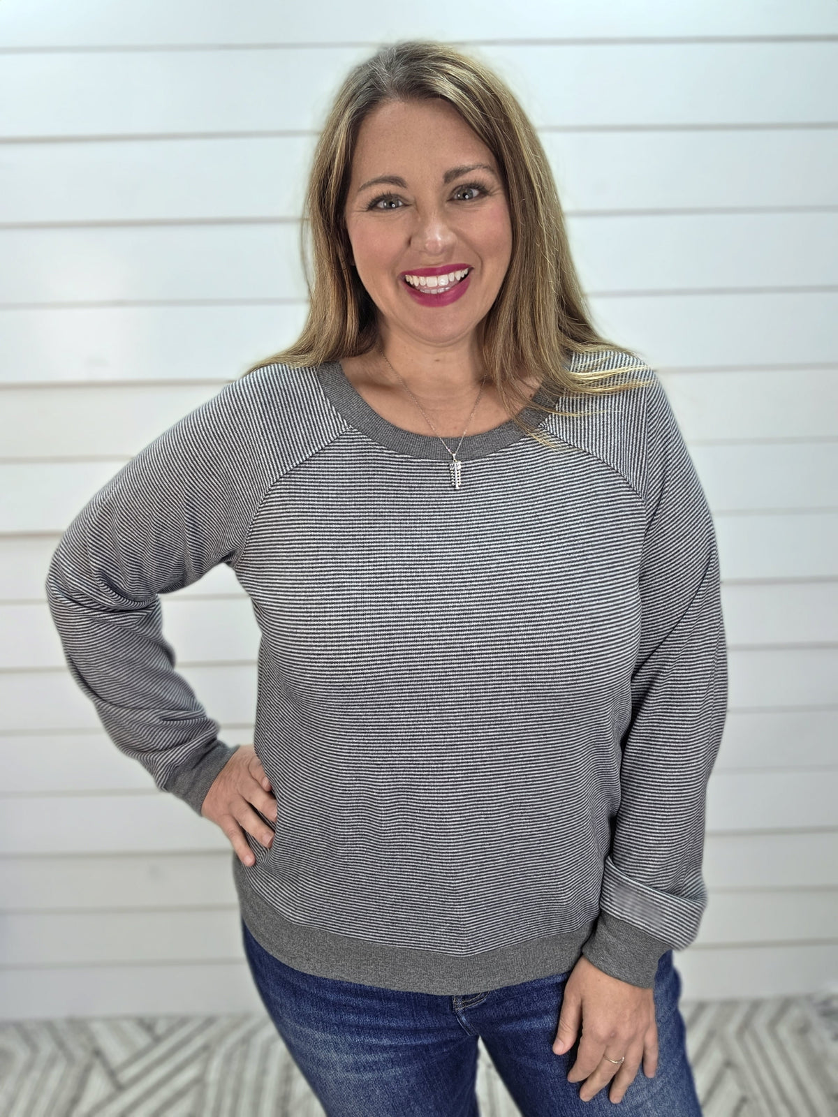 HEATHER GREY Crew Neck, Long Sleeve, Pinstriped Heavy Techno Top